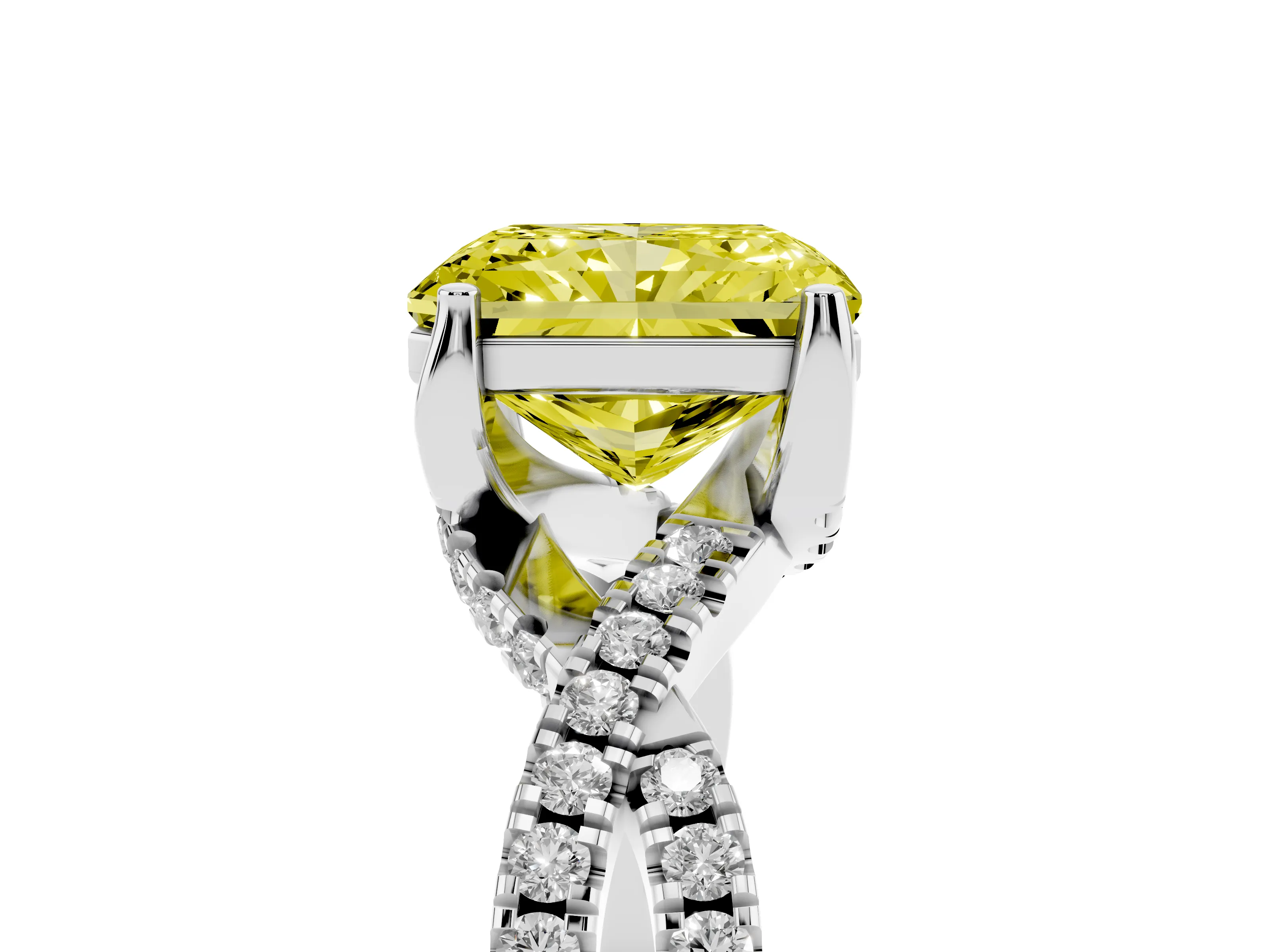 Fancy Yellow Radiant Cut Diamond Twist Pavé Solitaire Engagement Ring Set in Silver with Prong Setting