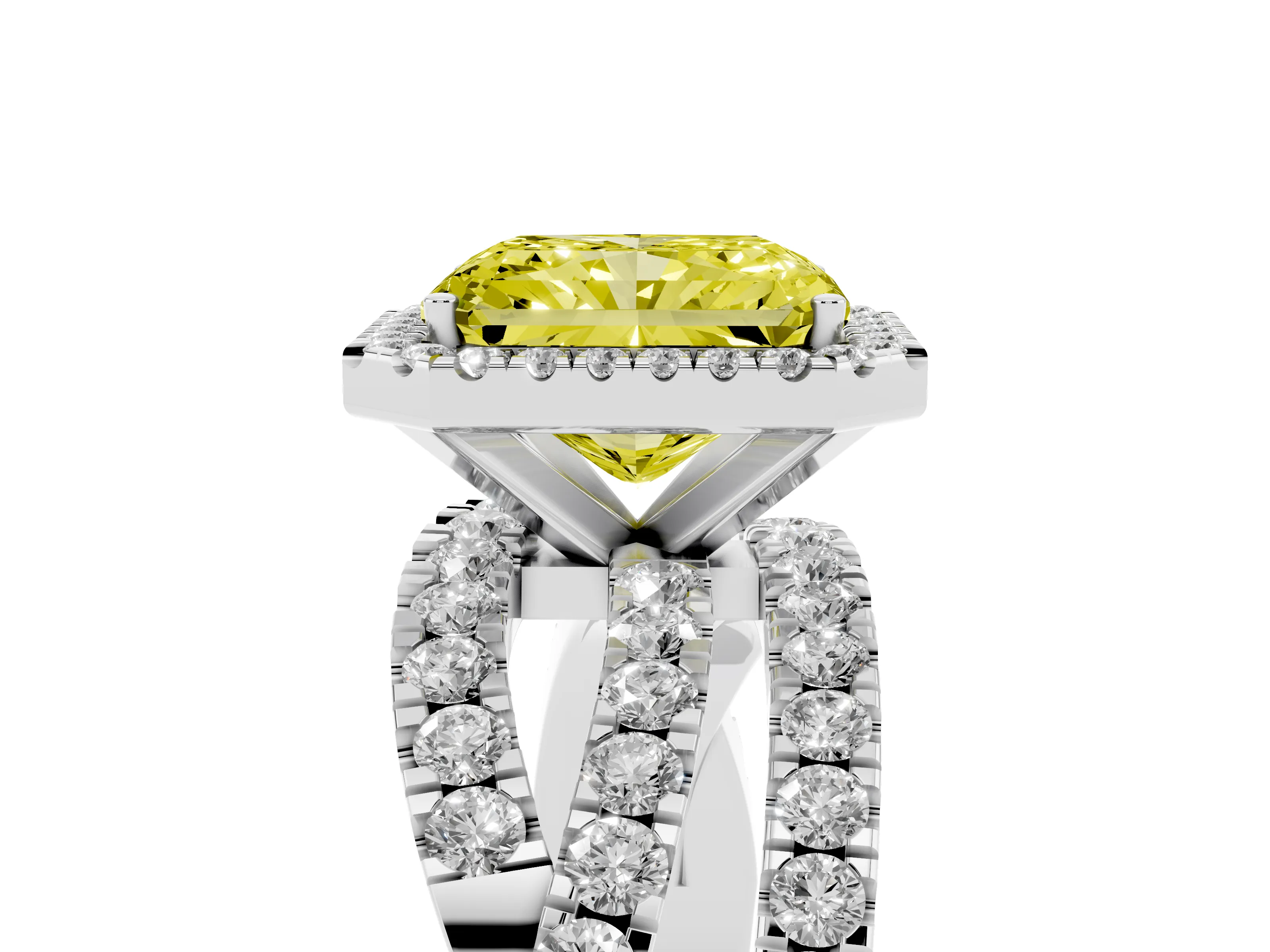 Fancy Yellow Radiant Cut Diamond Halo Ring Set in Platinum with Round Crossover Split Shank and Prong Setting