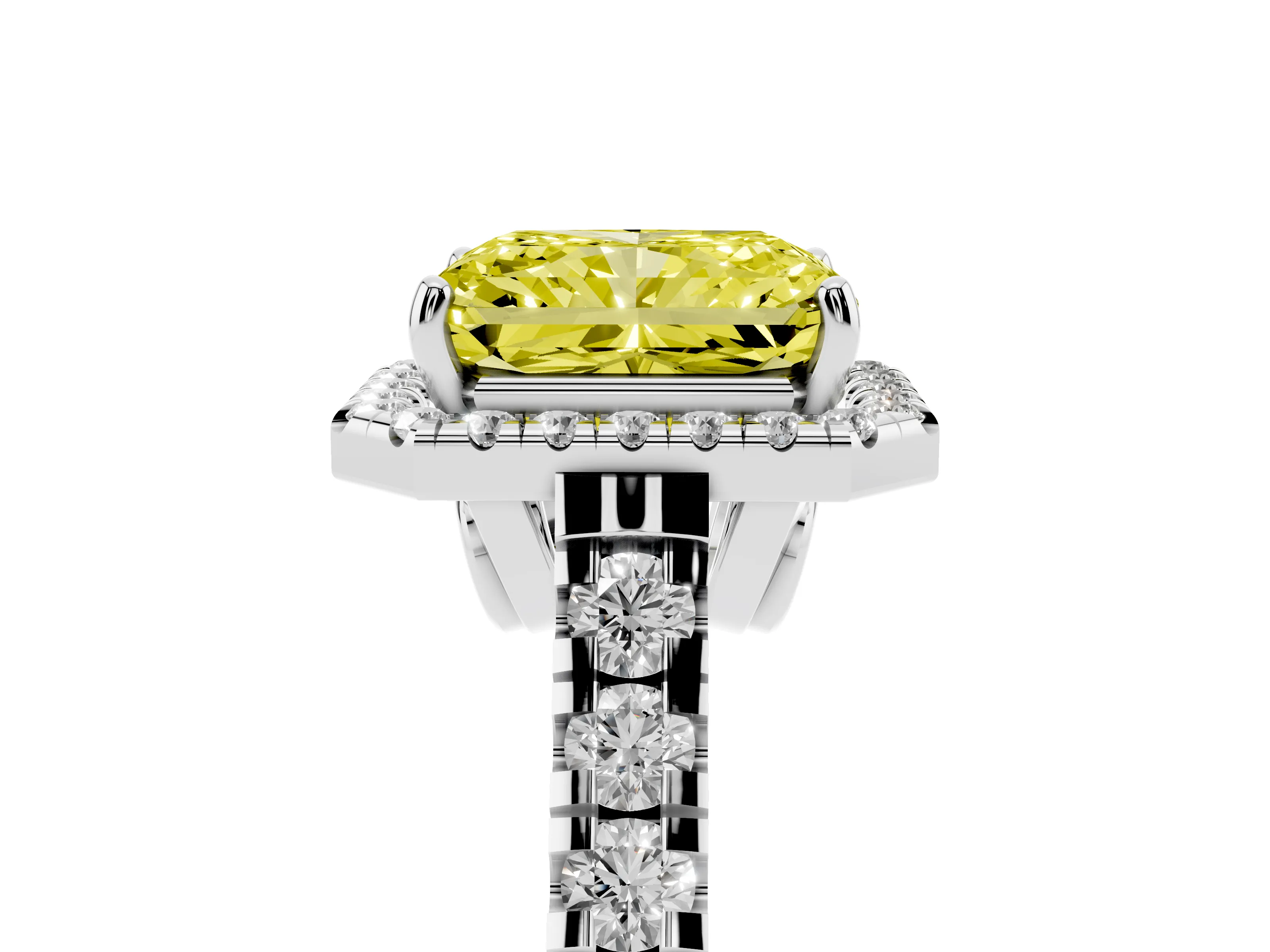 Fancy Yellow Radiant Cut Diamond Halo Engagement Ring Set in White gold with Pavé Band and Prong-Set Center