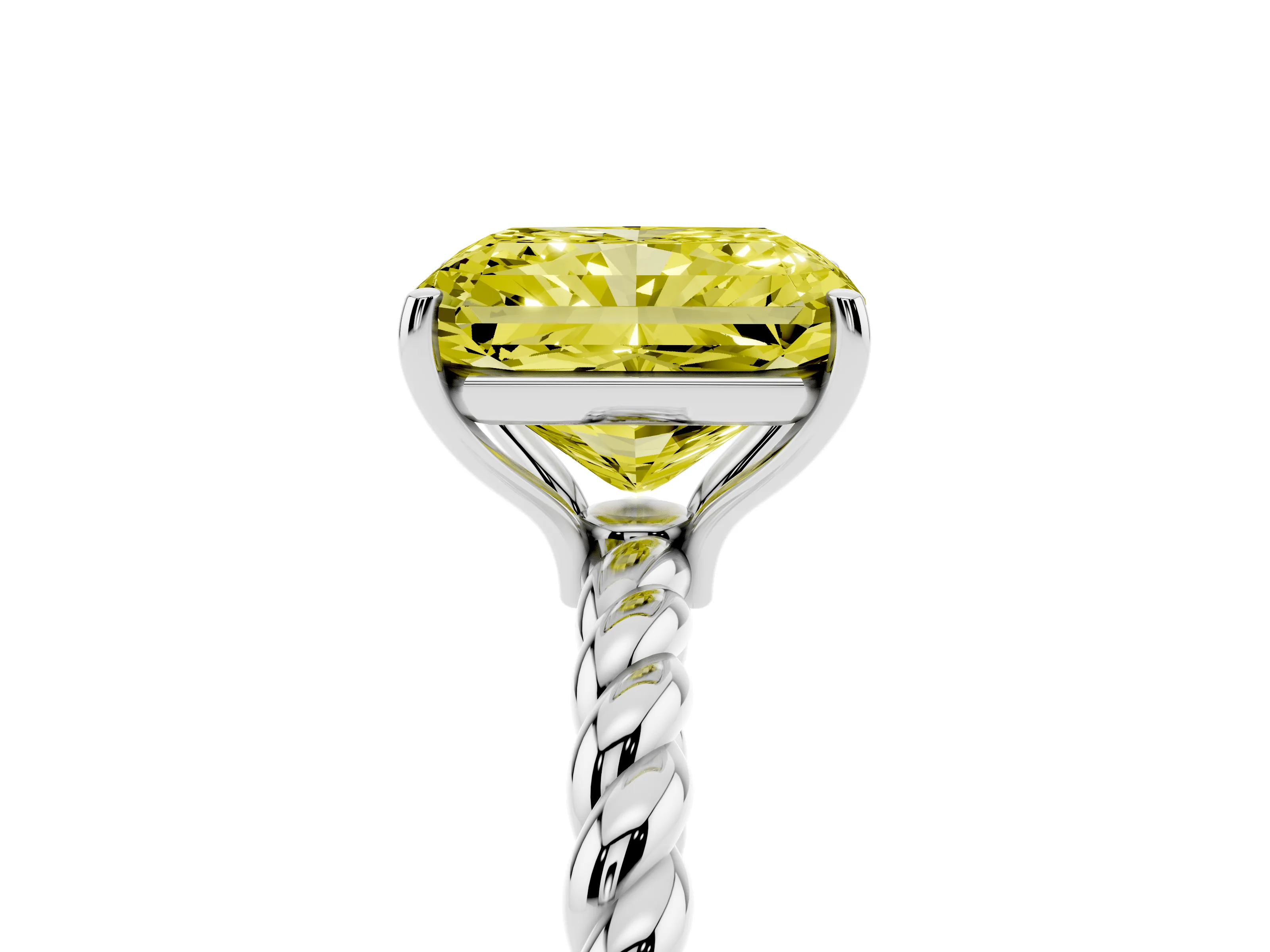Fancy Yellow Radiant Cut Diamond Solitaire Ring Set in White gold with Twist Band and Prong Setting