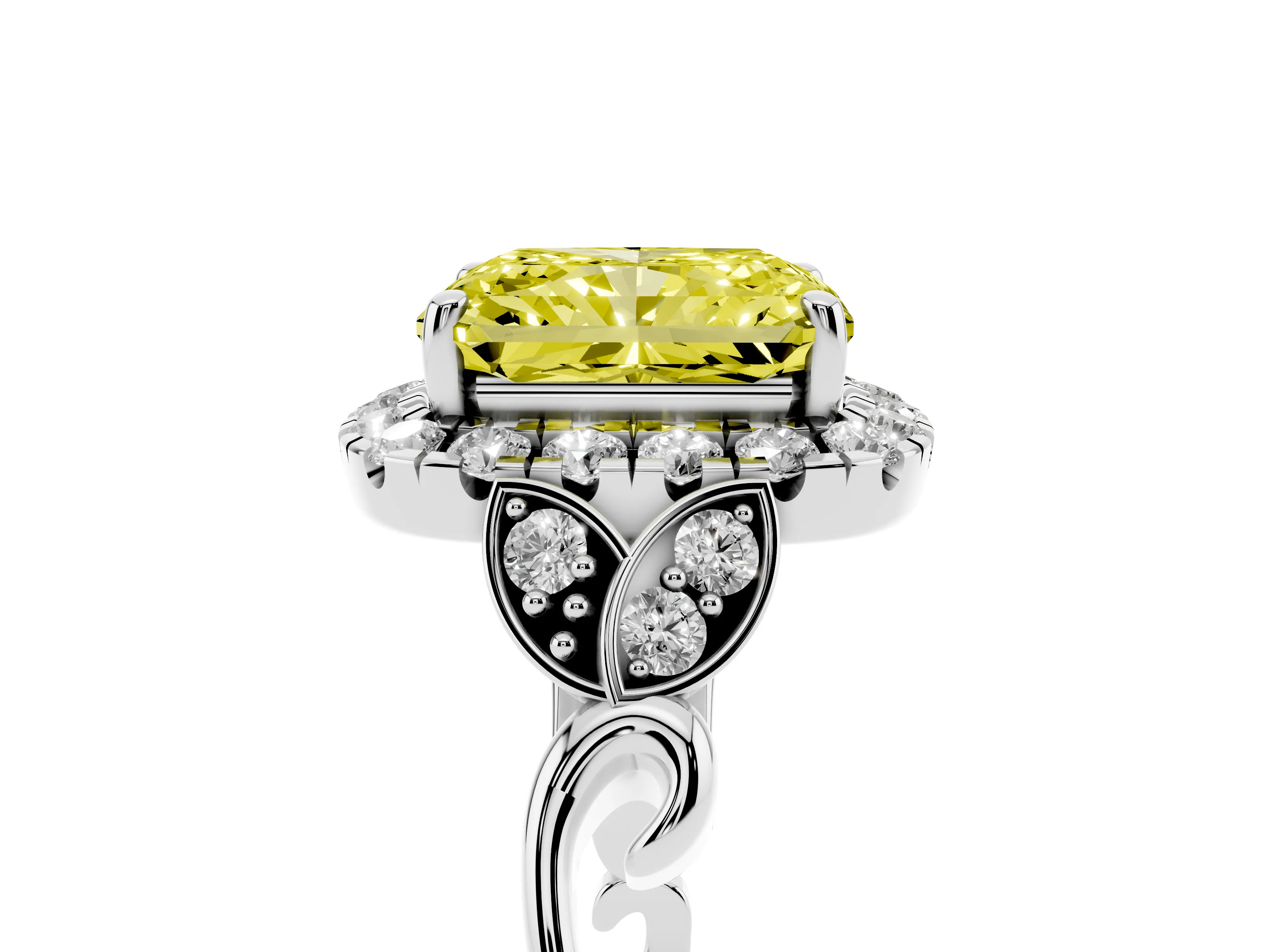 Fancy Yellow Radiant Cut Diamond Halo Engagement Ring Set in White gold with Vintage-Inspired Band and Prong Setting
