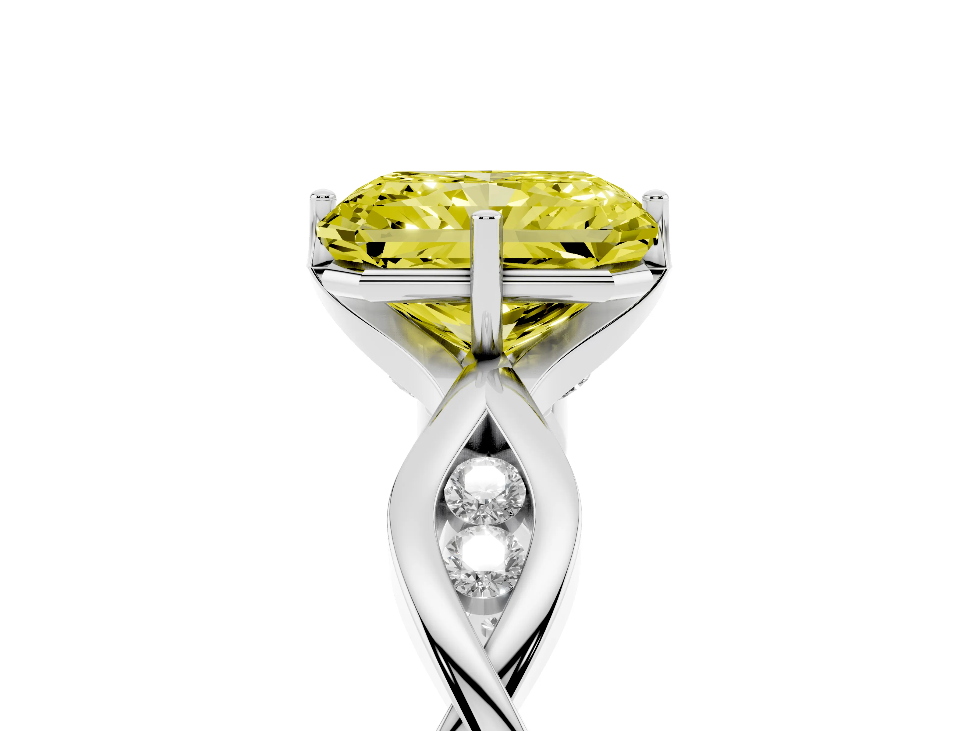 Fancy Yellow Radiant Cut Diamond Twist Band Solitaire Ring Set in Platinum with Leaf Prong Setting and Accent Stones