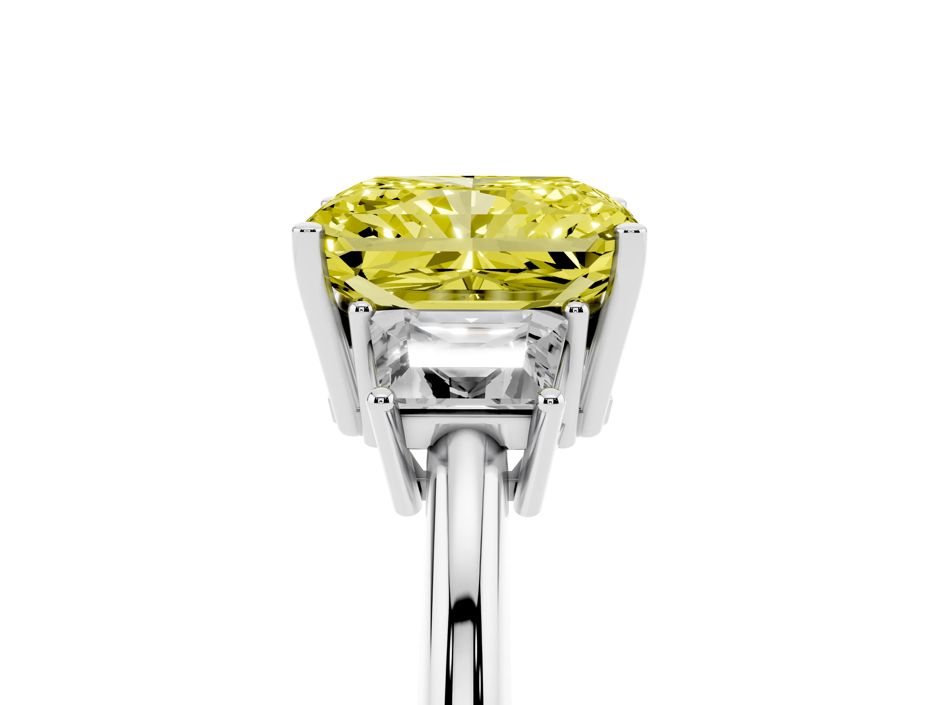 Fancy Yellow Radiant Cut Diamond Three-Stone Ring Set in Silver with Trapezoid Side Stones and Prong Setting