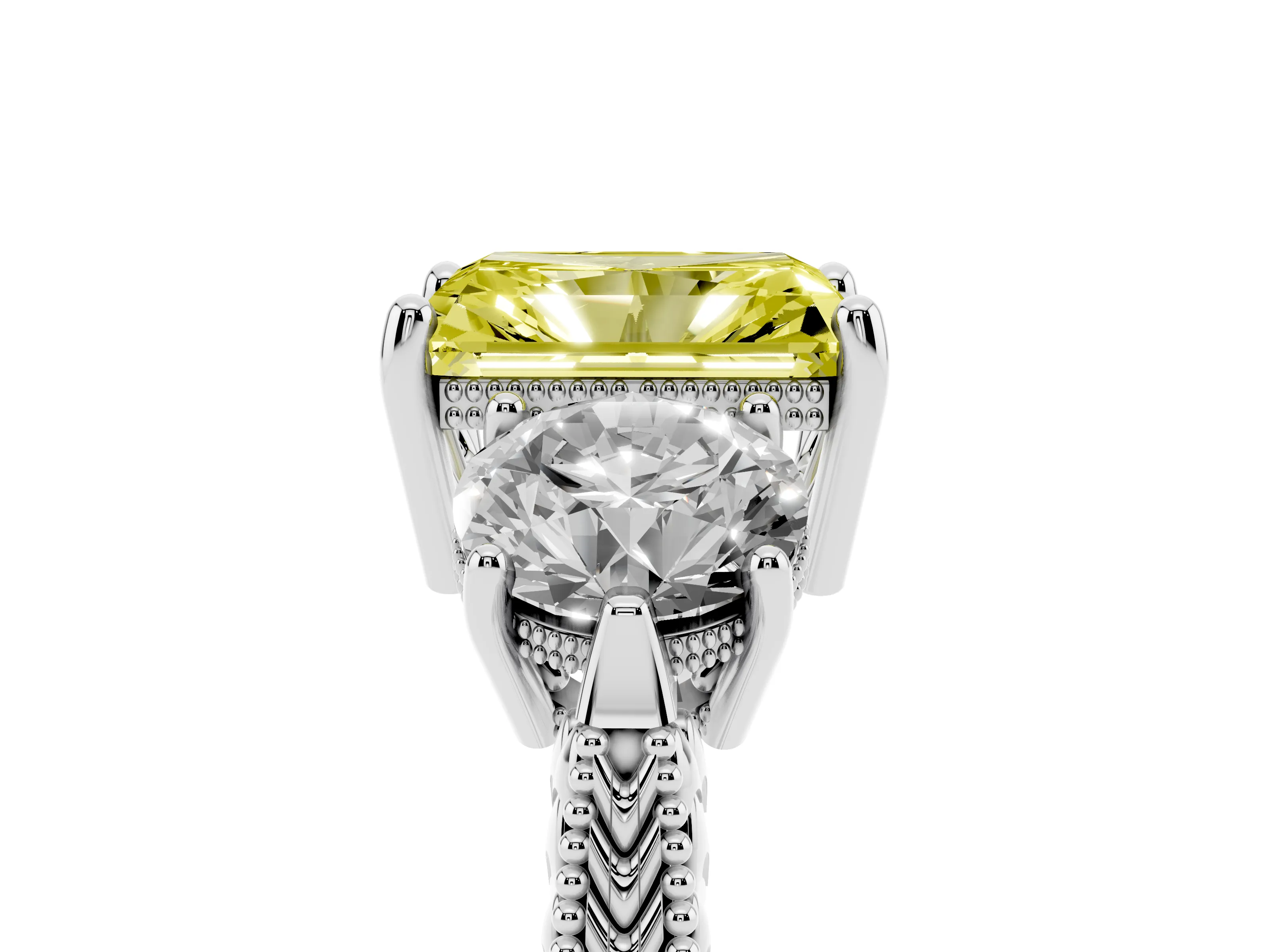 Fancy Yellow Radiant Cut Diamond Three-Stone Ring Set in Silver with Milgrain Band