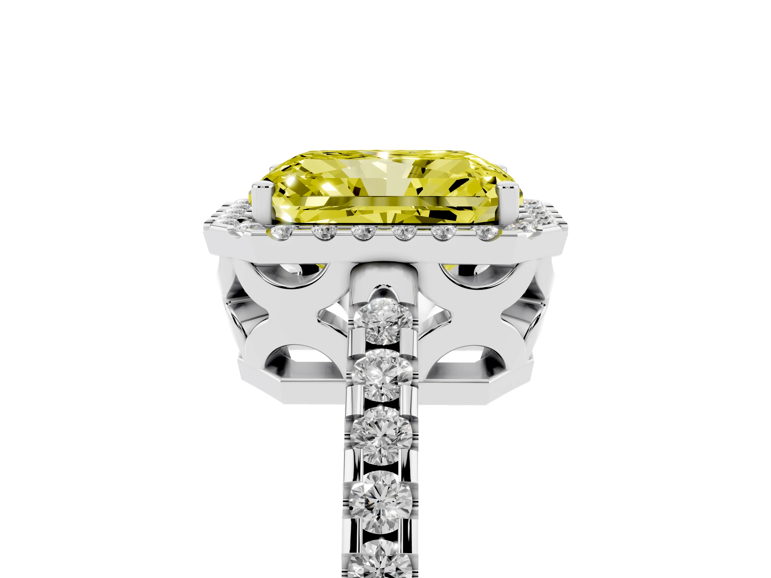 Fancy Yellow Radiant Cut Diamond Halo Ring Set in Platinum with Pavé Shoulders and Halo-Framed Center