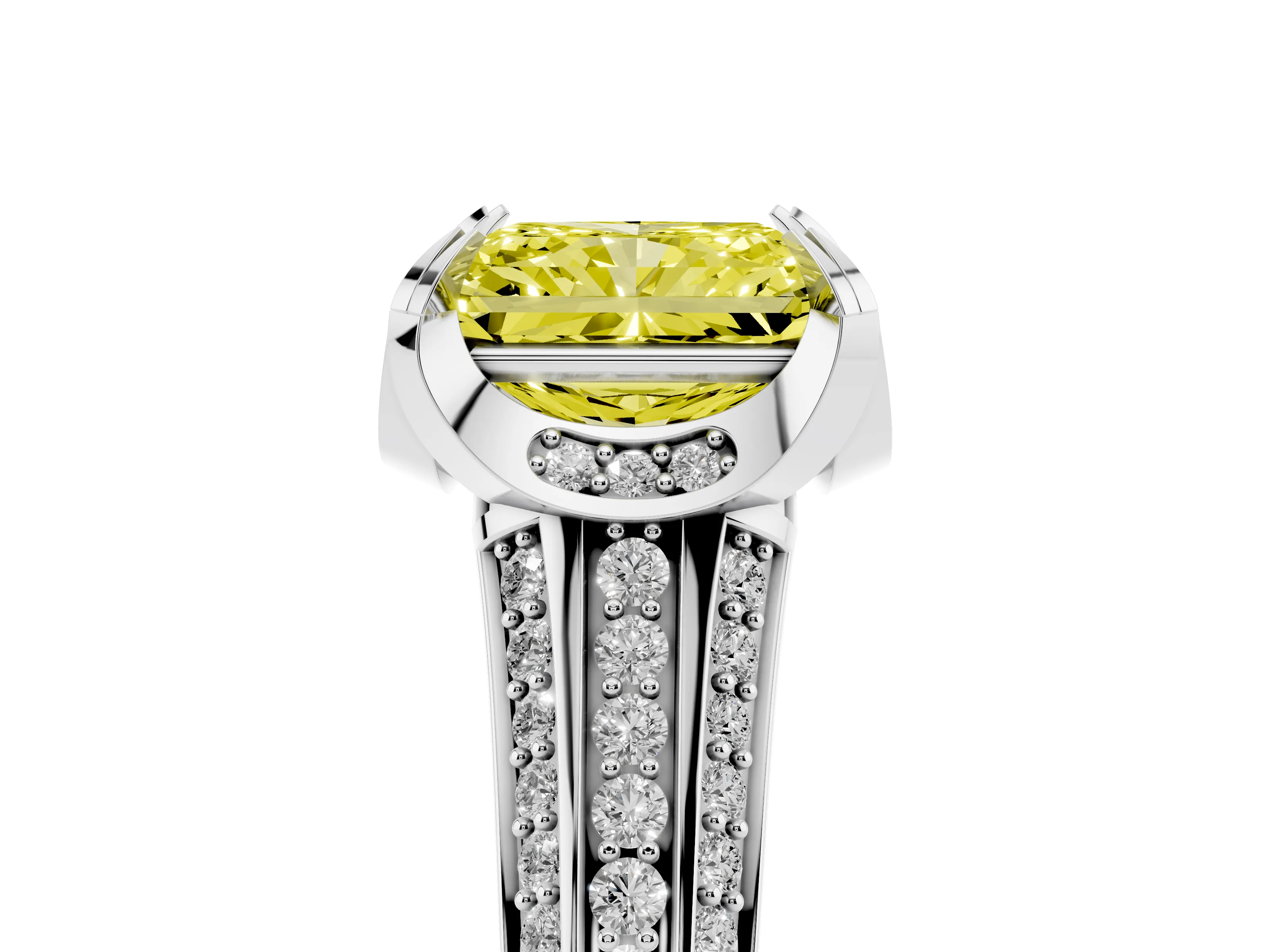 Fancy Yellow Radiant Cut Diamond Pavé Split Shank Solitaire Ring Set in Silver with Prong Setting
