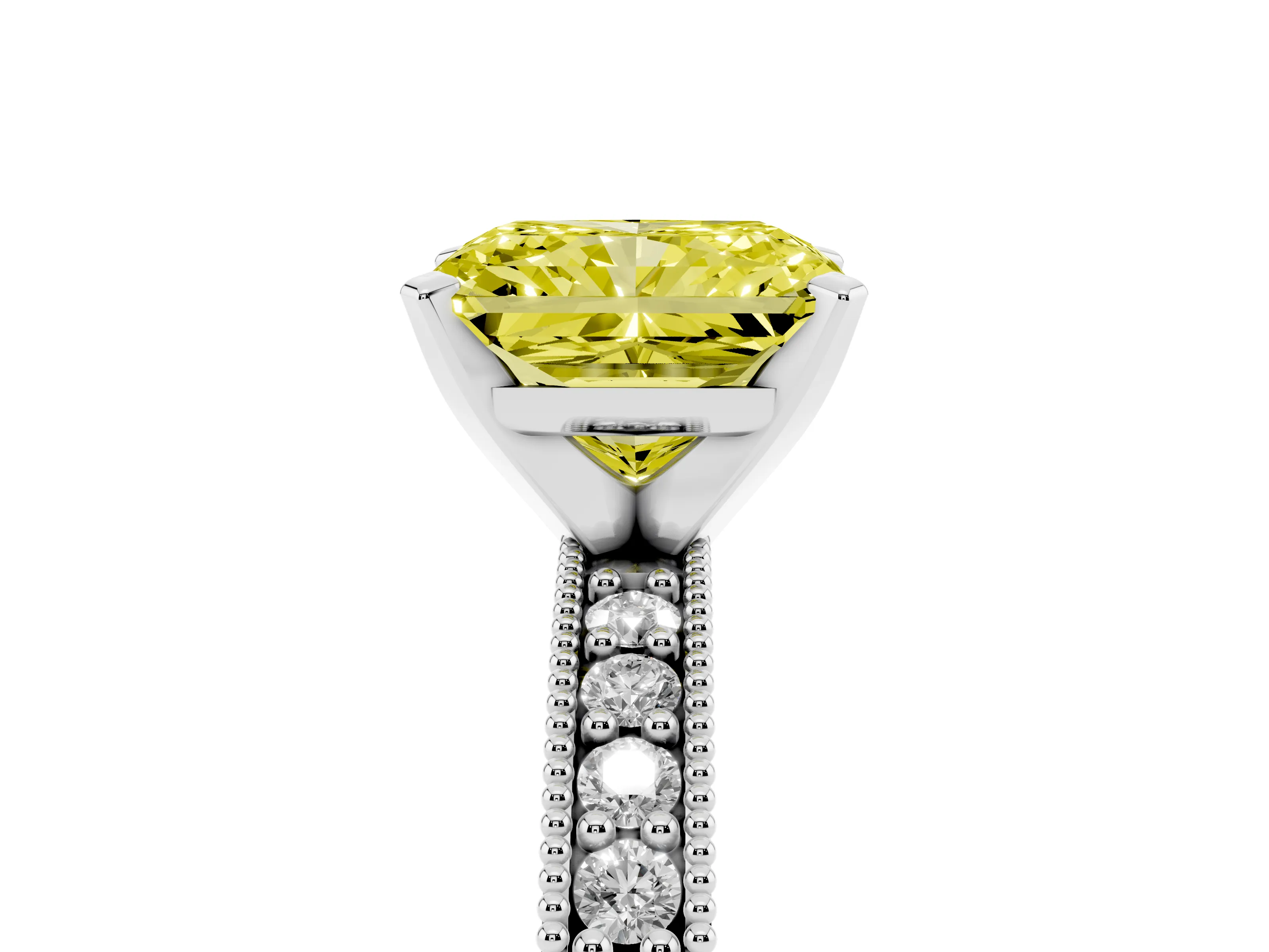 Fancy Yellow Radiant Cut Diamond Milgrain Pavé Engagement Ring Set in Silver with Prong Setting
