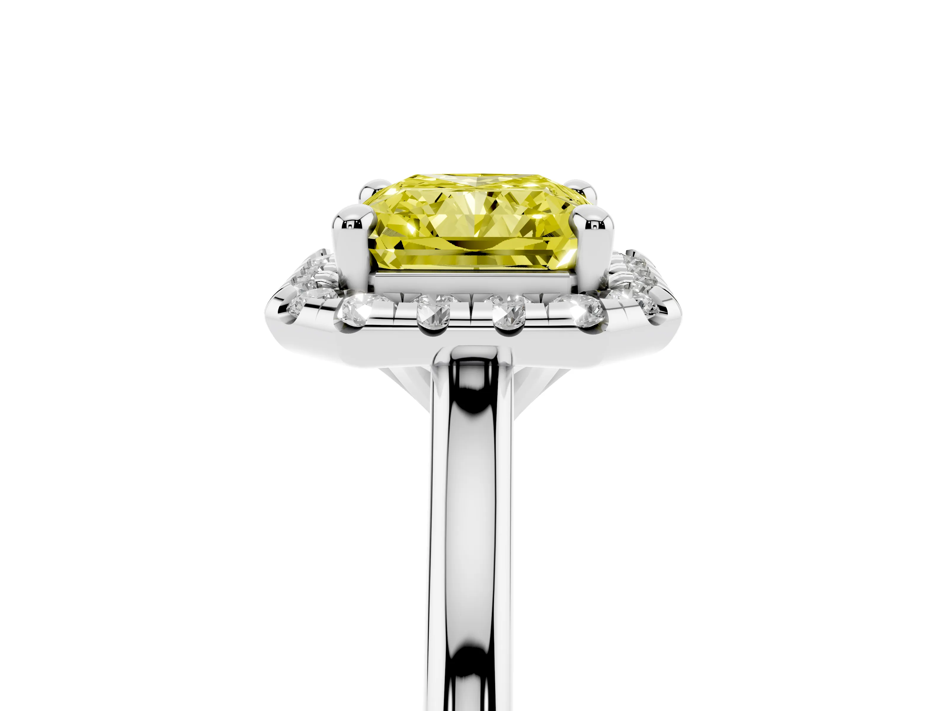 Fancy Yellow Radiant Cut Diamond Halo Engagement Ring Set in White gold with Pavé Band and Rising Shoulders