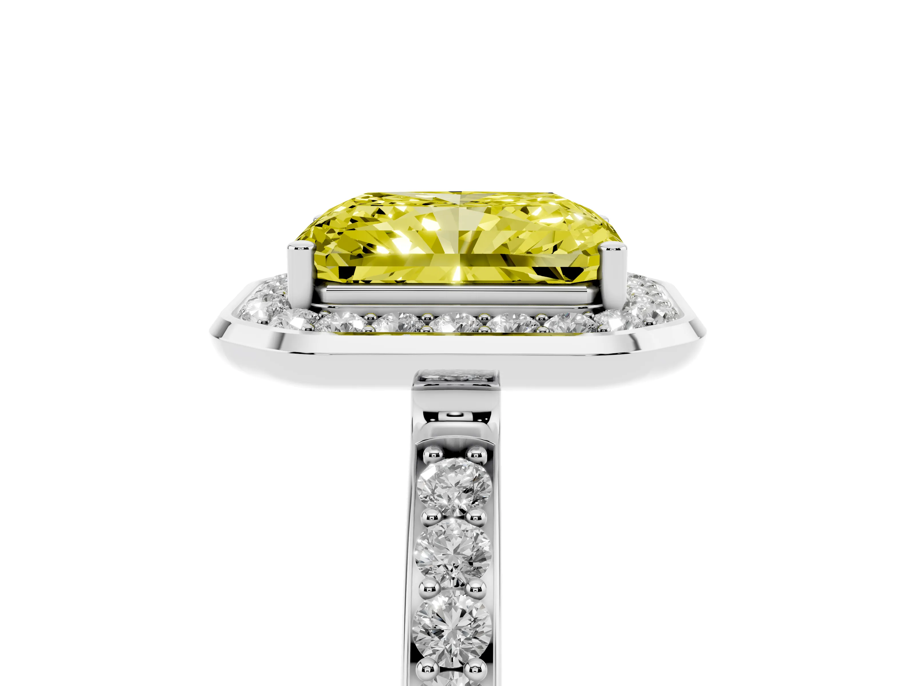 Fancy Yellow Radiant Cut Diamond Halo Ring Set in Silver with Bezel Frame and Pavé Band