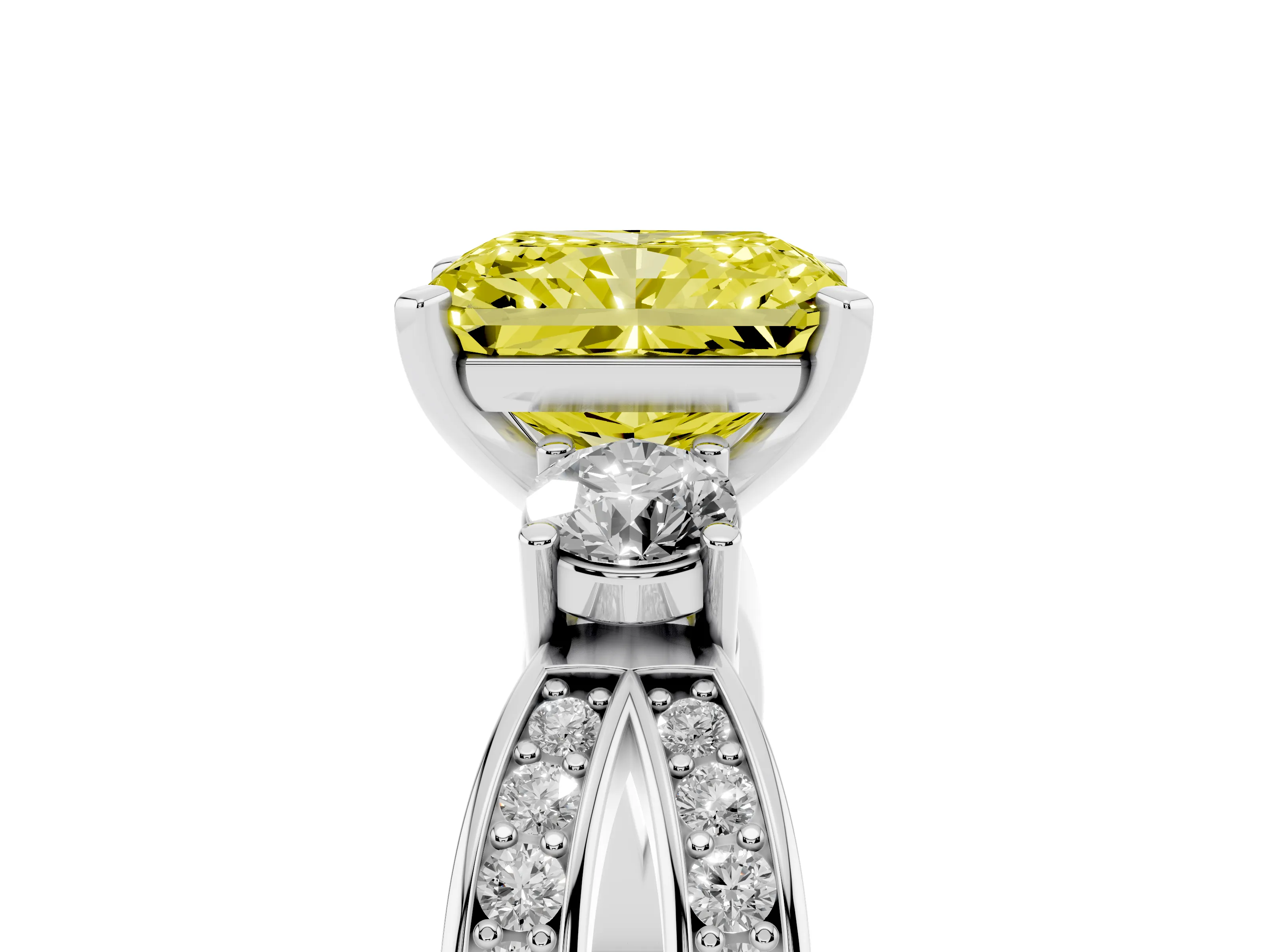 Fancy Yellow Three-Stone Radiant Cut Diamond Twist Band Ring Set in Platinum with Pavé Accents and Prong Setting