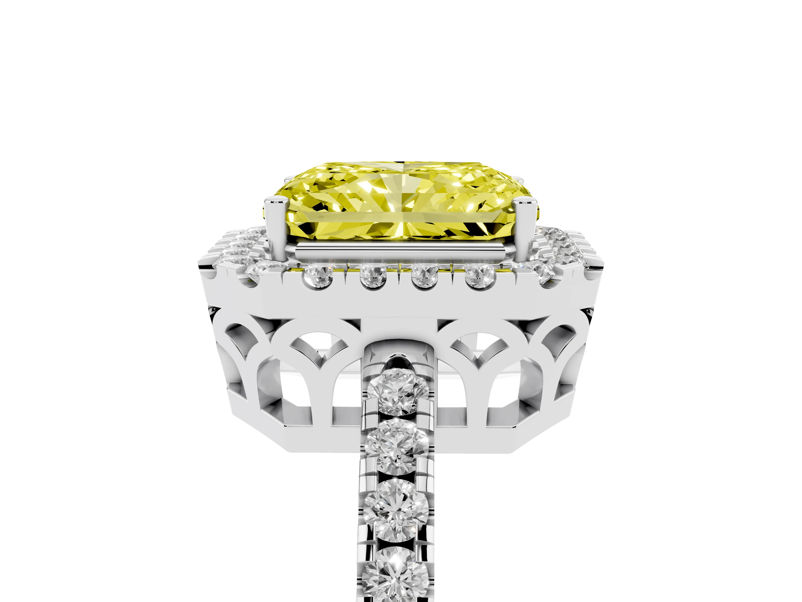 Fancy Yellow Radiant Cut Diamond Pavé Band Halo Engagement Ring Set in Platinum with Prong Setting