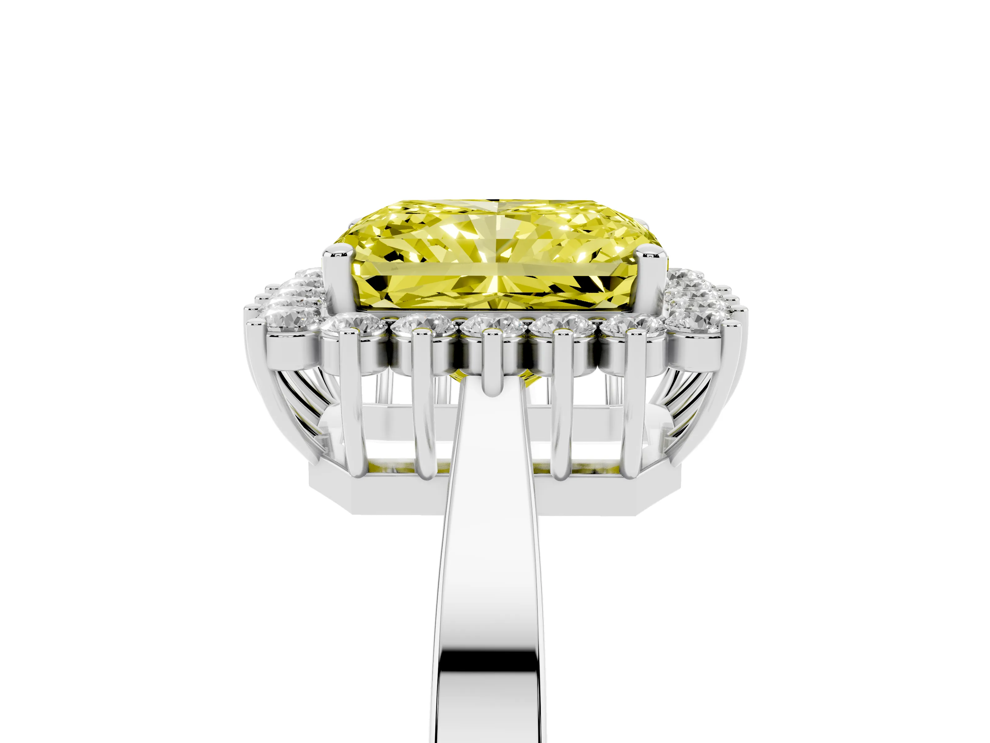 Fancy Yellow Radiant Cut Diamond Halo Ring Set in White gold with Round Halo and Smooth Solitaire Band
