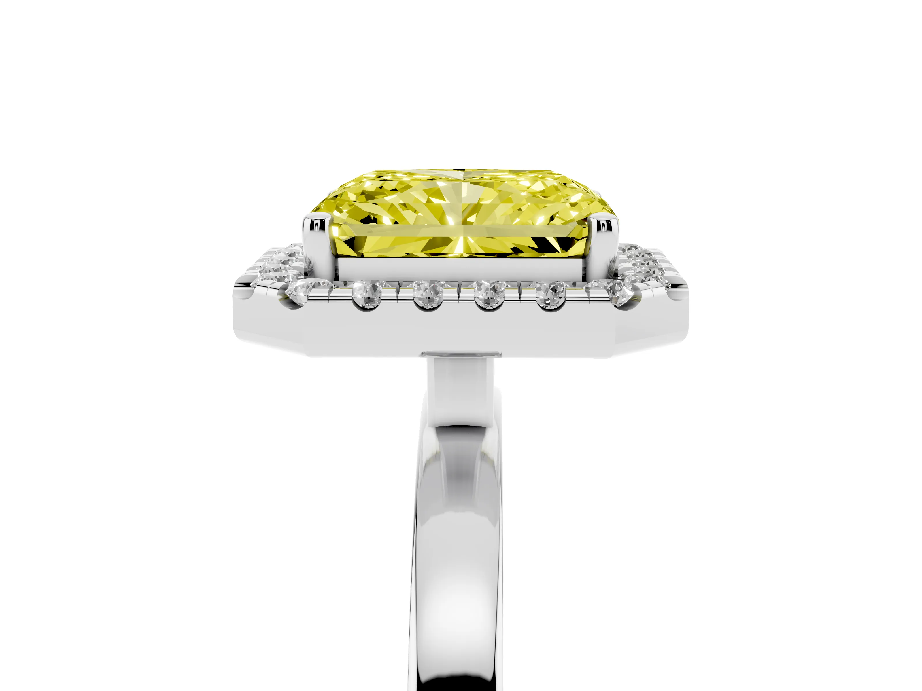 Fancy Yellow Radiant Cut Diamond Halo Solitaire Ring Set in Platinum with Pavé Band and Prong Setting