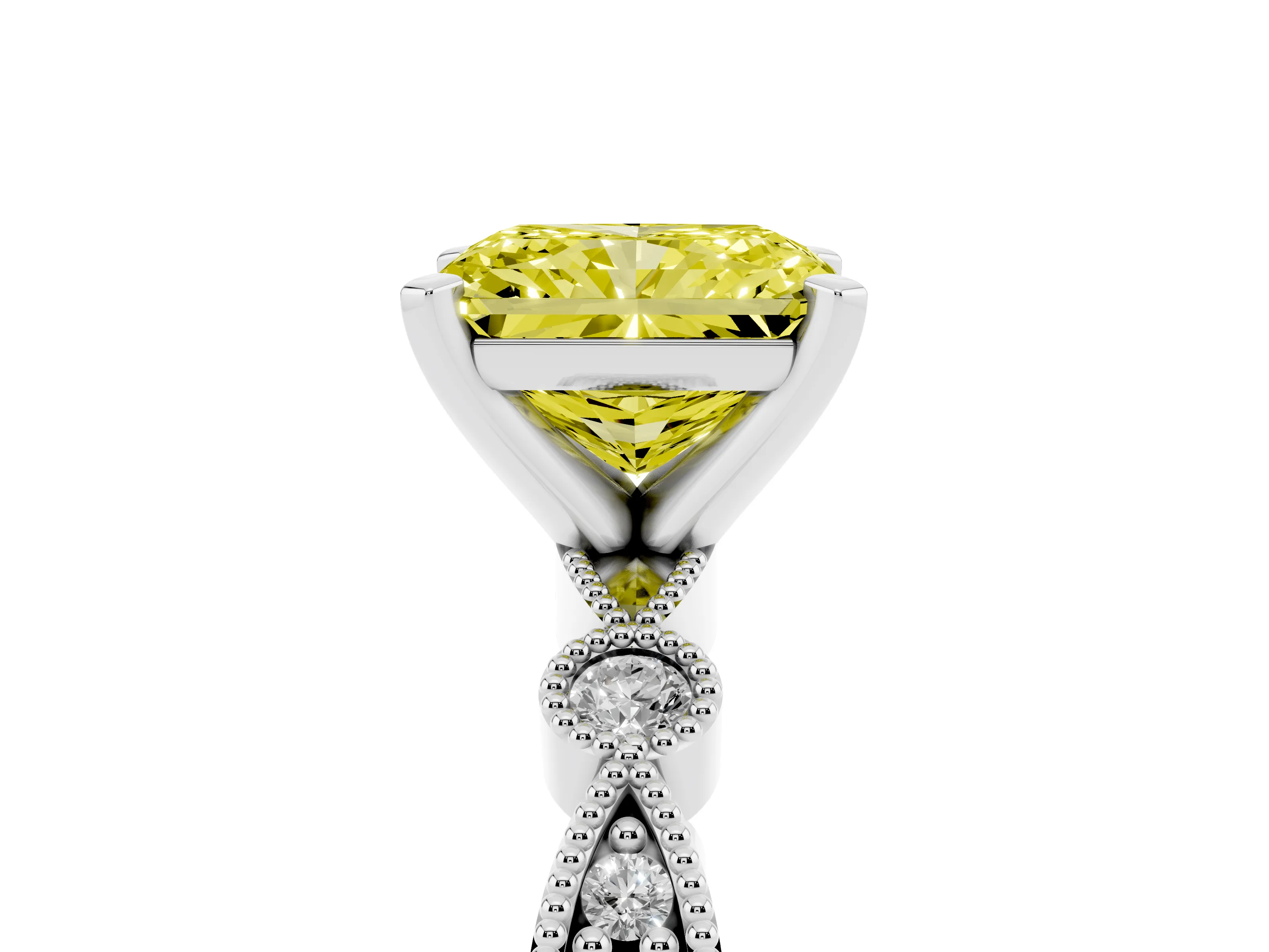 Fancy Yellow Radiant Cut Diamond Solitaire Engagement Ring Set in White gold with Milgrain Bezel Accent Band