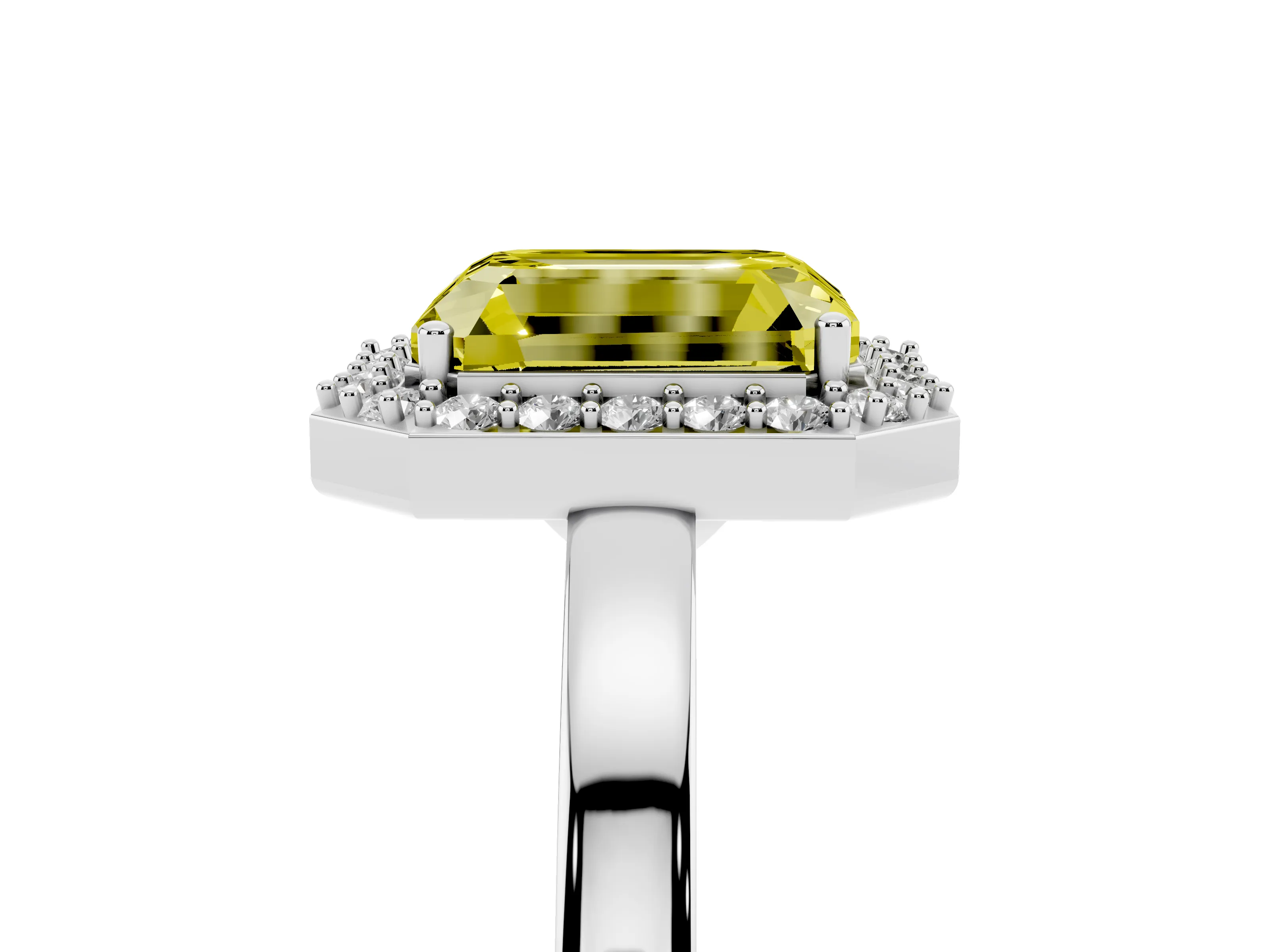 Fancy Yellow Radiant Cut Diamond Halo Ring Set in White gold with Solitaire Band and Prong Setting