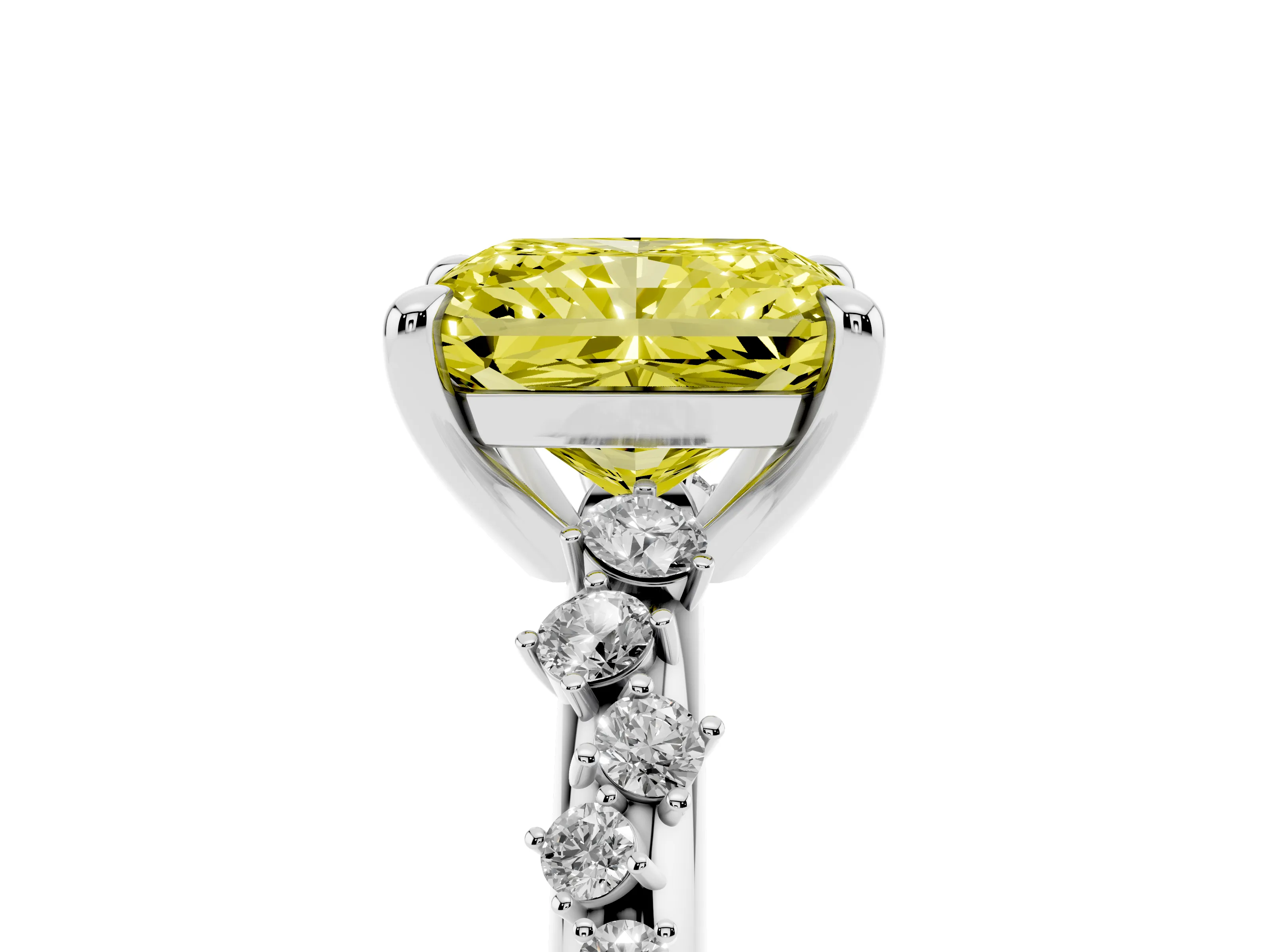 Fancy Yellow Radiant Cut Diamond Solitaire Vine Band Ring Set in Silver with Round Accents and Prong Setting