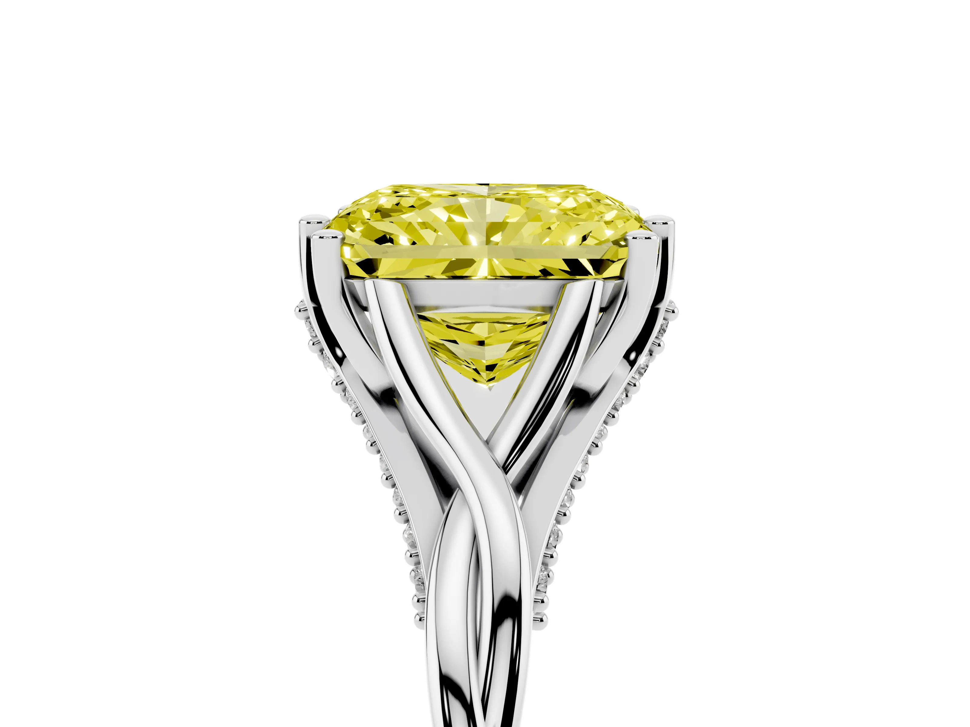 Fancy Yellow Radiant Cut Diamond Intertwined Twist Band Solitaire Ring Set in White gold with Prong Setting