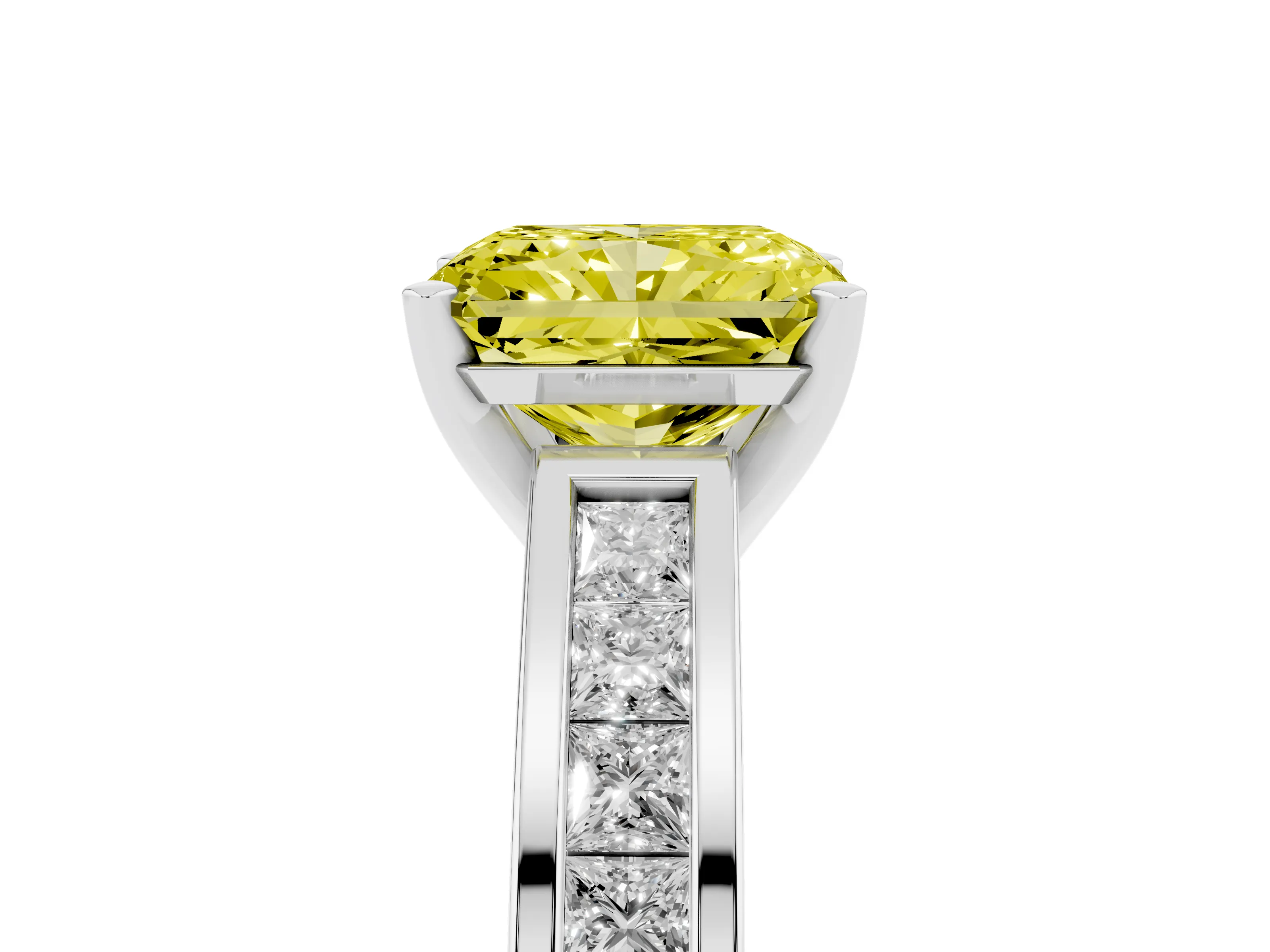 Fancy Yellow Radiant Cut Diamond Solitaire Ring Set in White gold with Channel-Set Band and Prong Setting