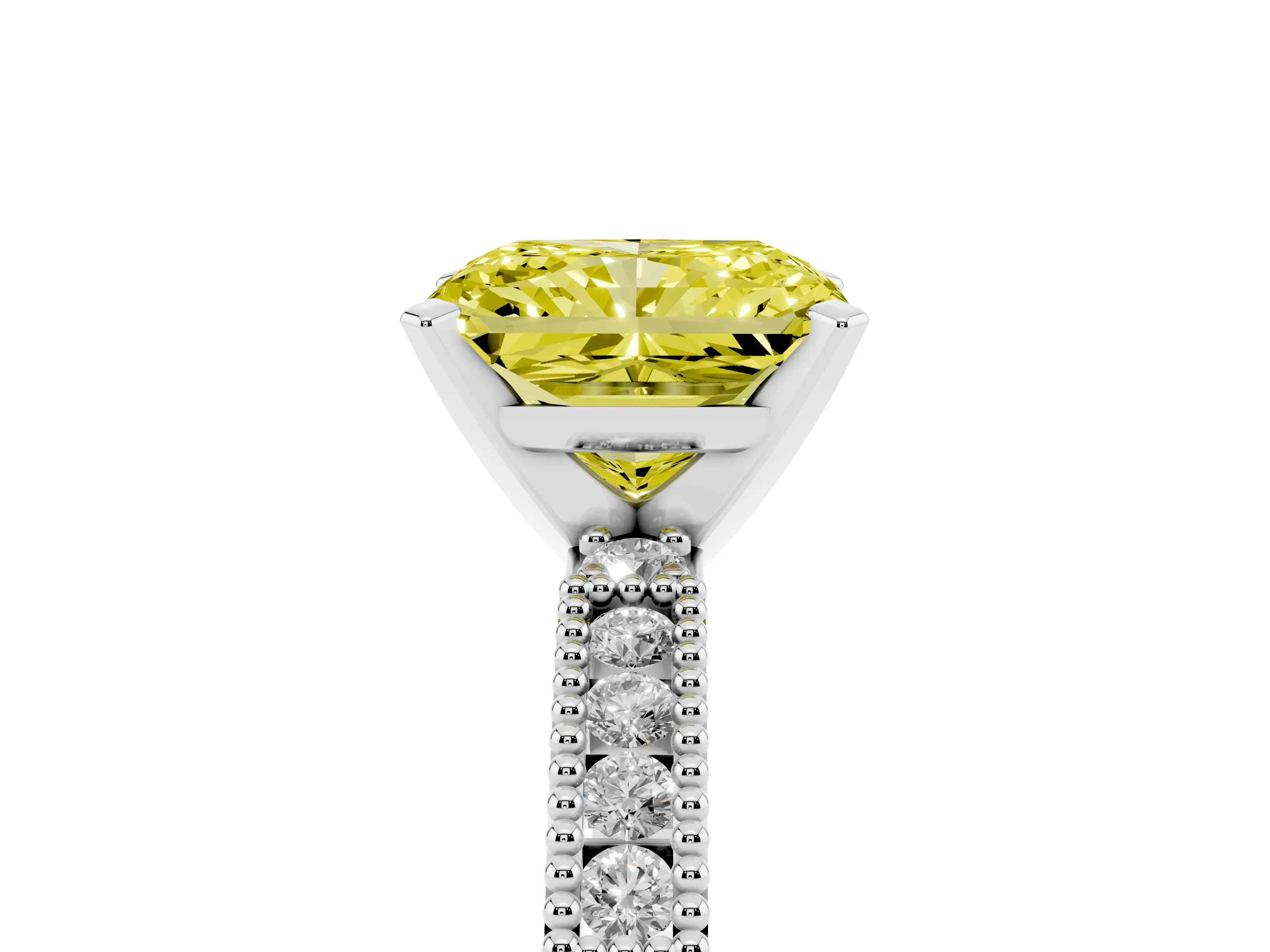Fancy Yellow Radiant Cut Diamond Solitaire Ring Set in Platinum with Slim Pavé Band and Prong Setting