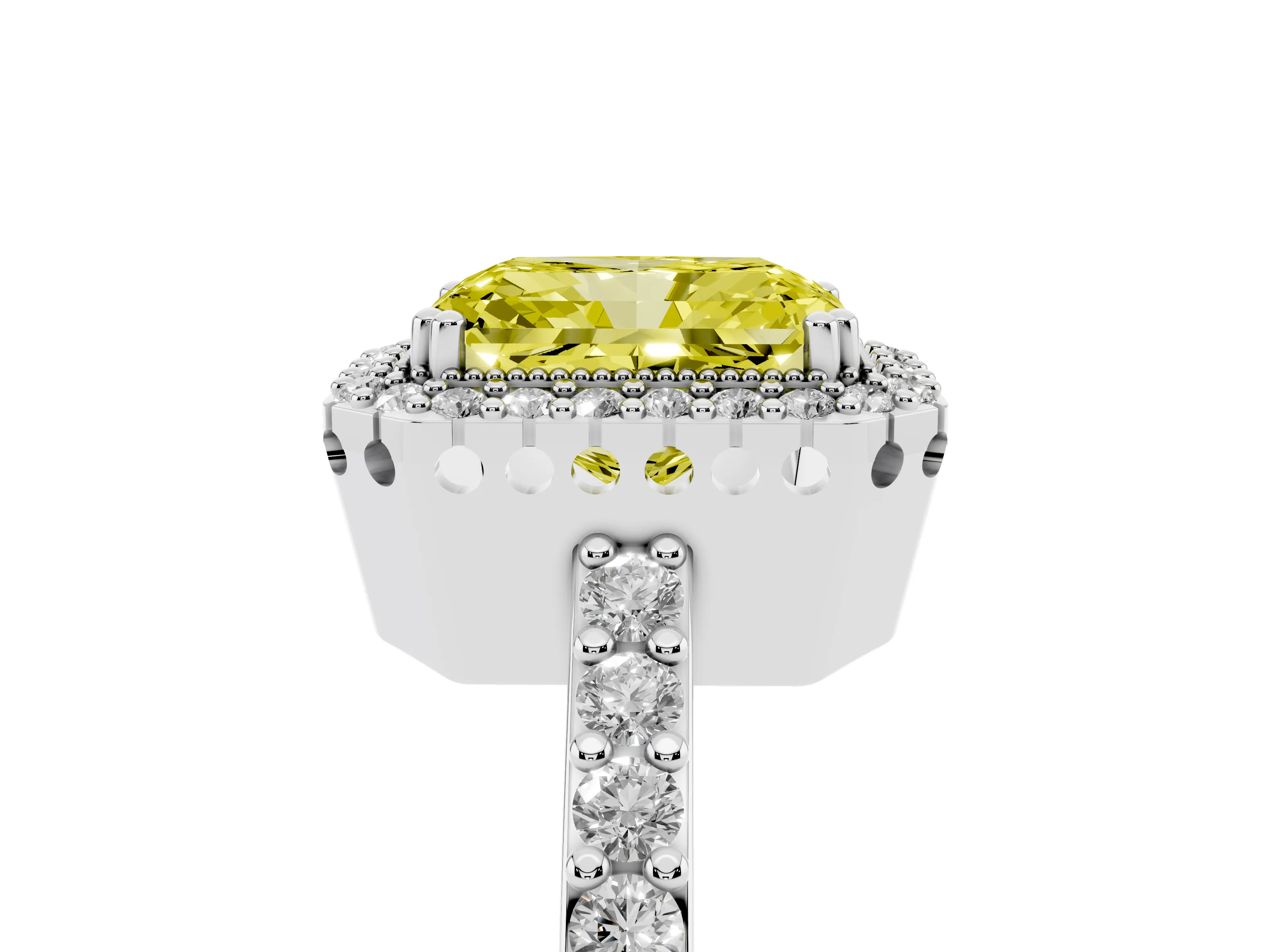 Fancy Yellow Radiant Cut Diamond Halo Engagement Ring Set in Silver with Milgrain Detail and Pavé Band