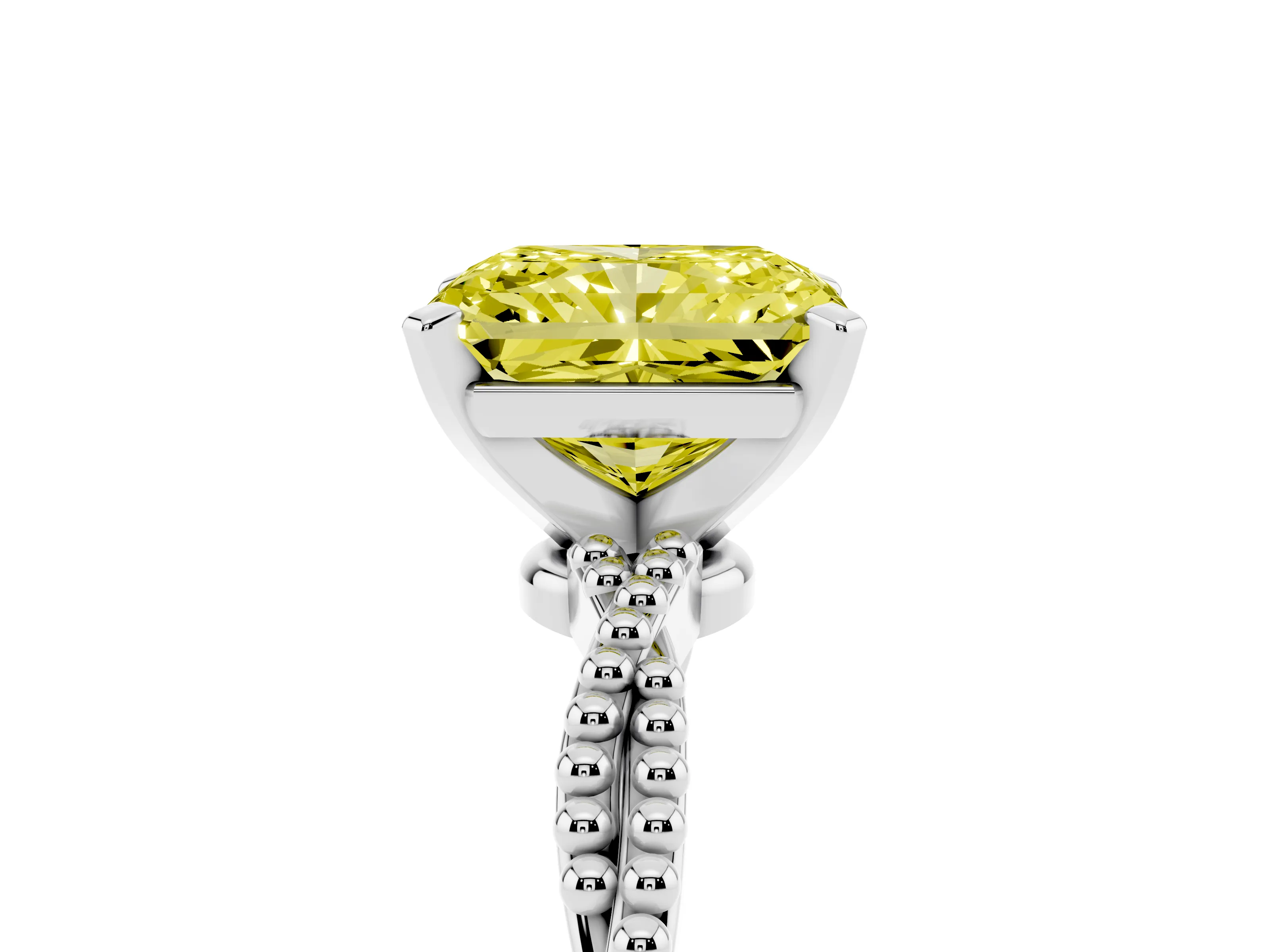 Fancy Yellow Radiant Cut Diamond Solitaire Ring Set in Platinum with Twisted Band and Bead Prong Setting