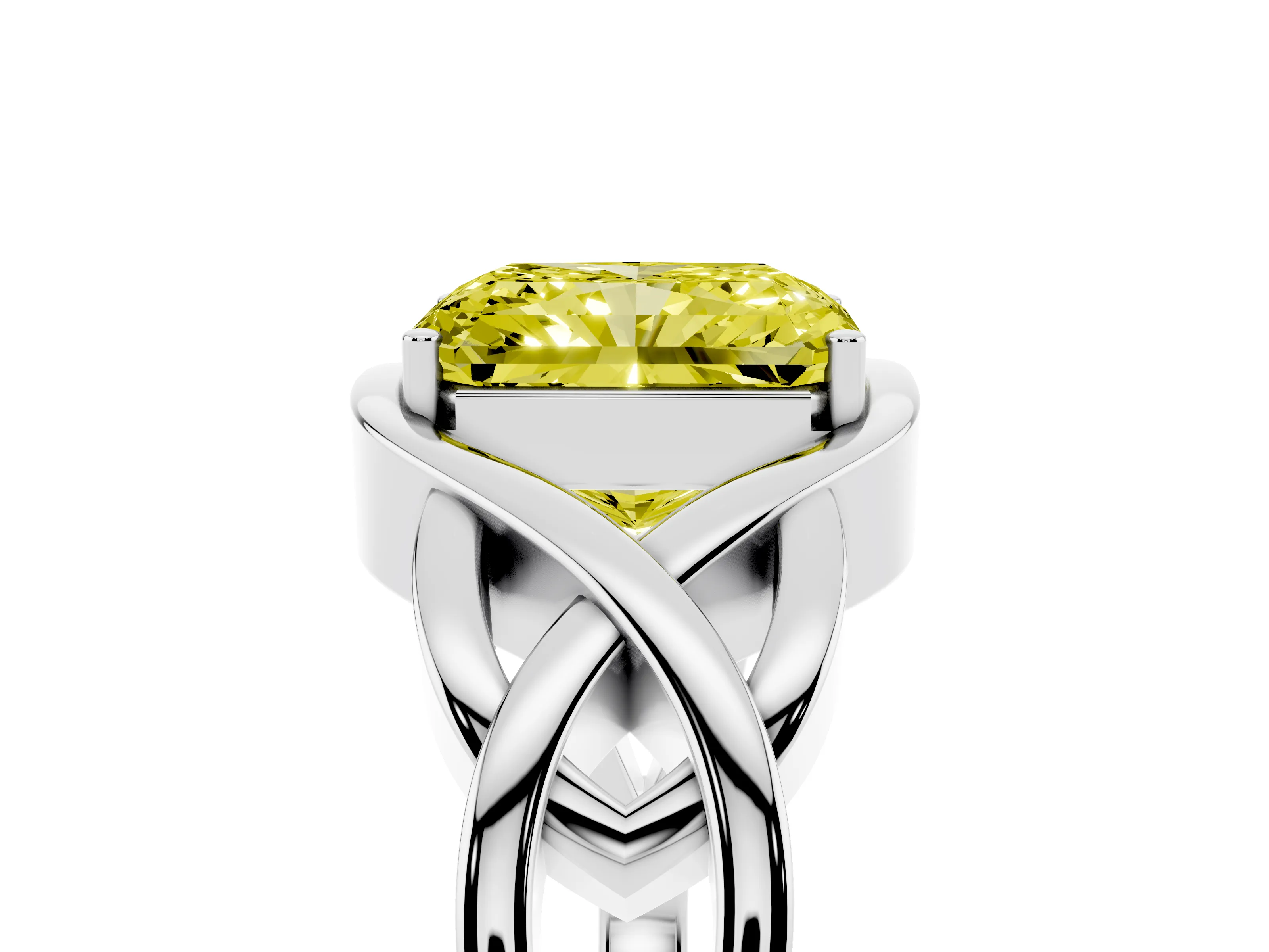 Fancy Yellow Radiant Cut Diamond Solitaire Ring Set in Silver with Intertwined Band