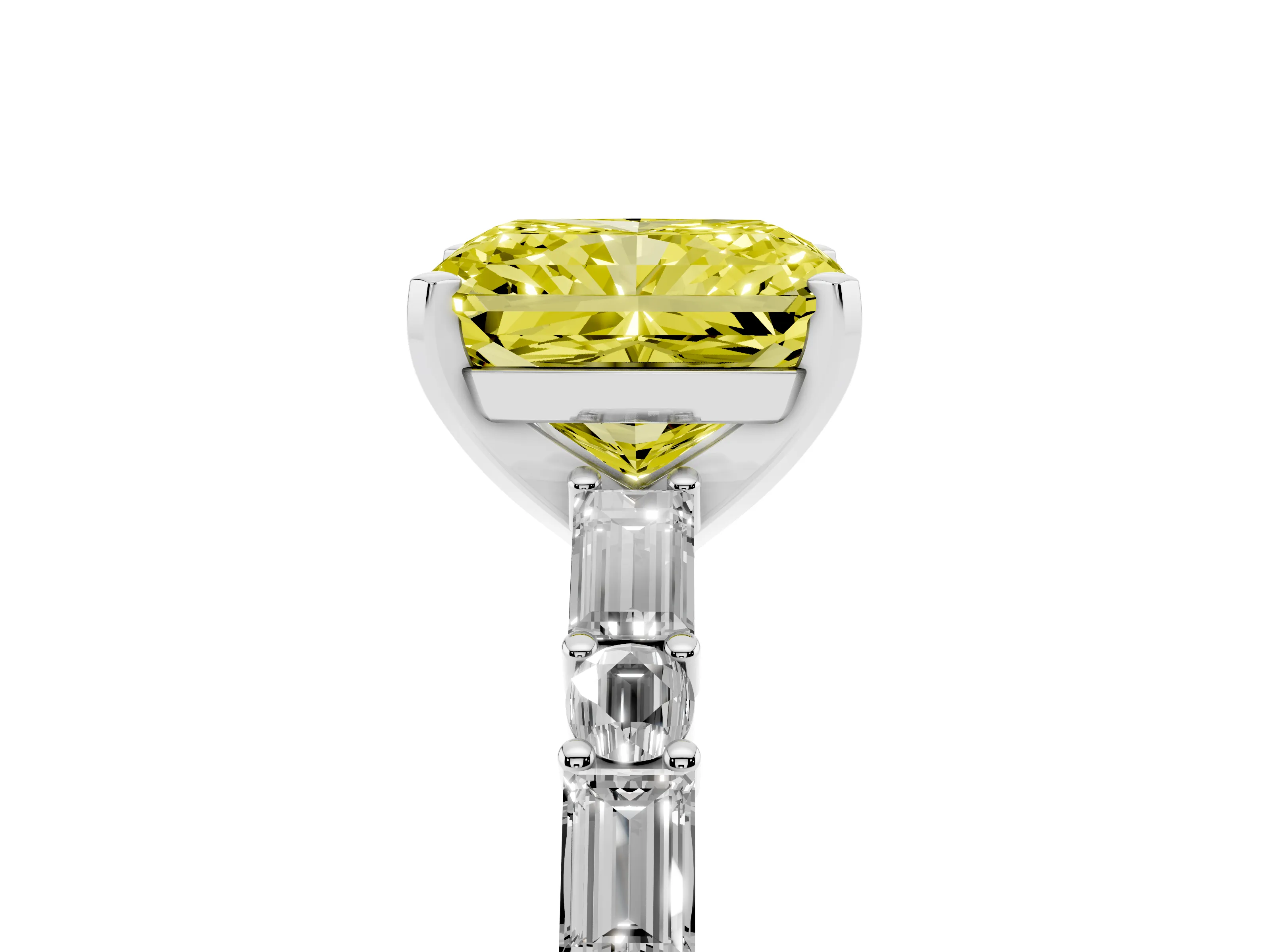 Fancy Yellow Radiant Cut Diamond Solitaire Set in Platinum with Side Baguettes and Channel Set Band