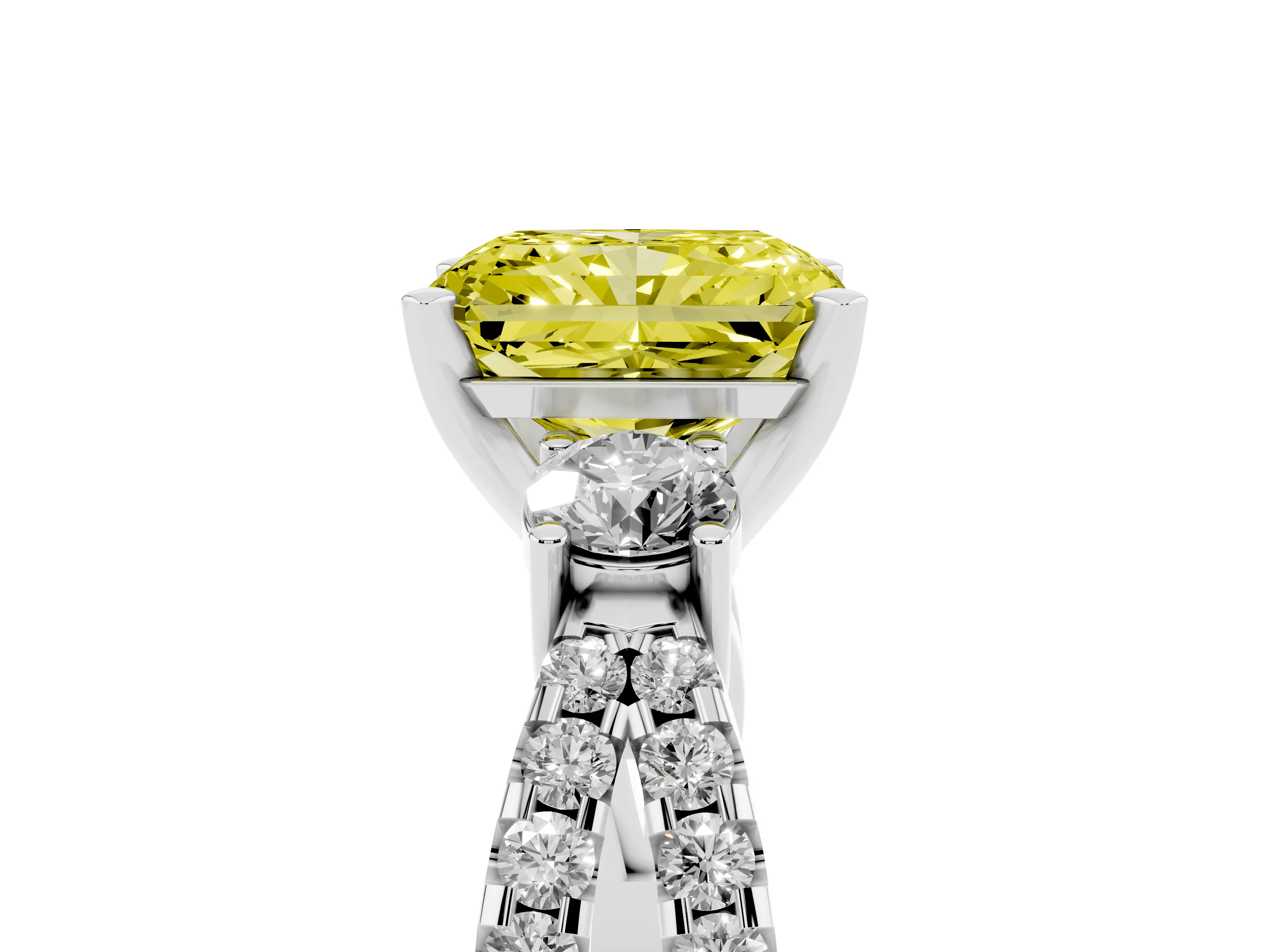 Fancy Yellow Radiant Cut Diamond Three-Stone Ring Set in Silver with Pavé Split Shank and Prong Setting