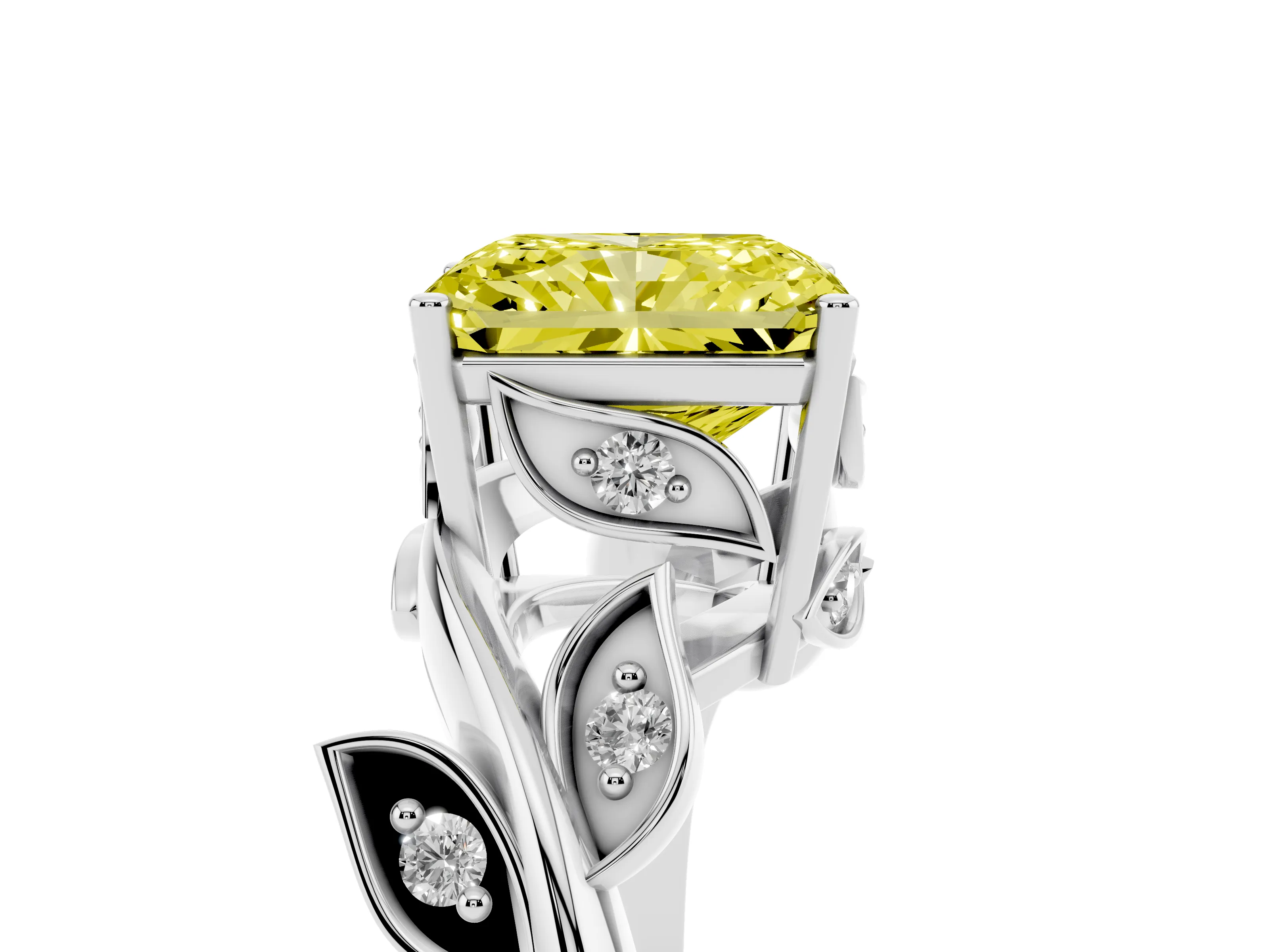 Fancy Yellow Radiant Cut Diamond Solitaire Twist Engagement Ring Set in Platinum with Pavé Leaf Accents