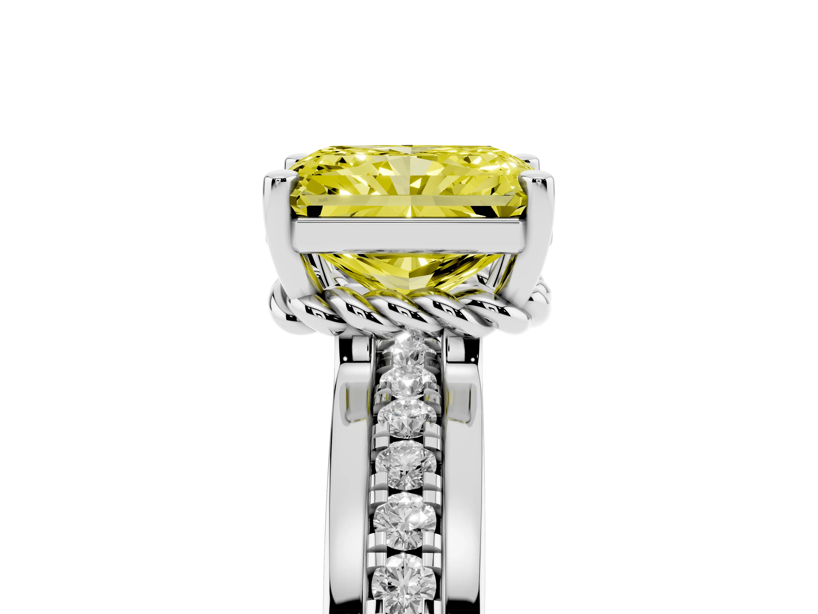 Fancy Yellow Radiant Cut Diamond Solitaire Ring Set in White gold with Channel Set Band and Prong Setting