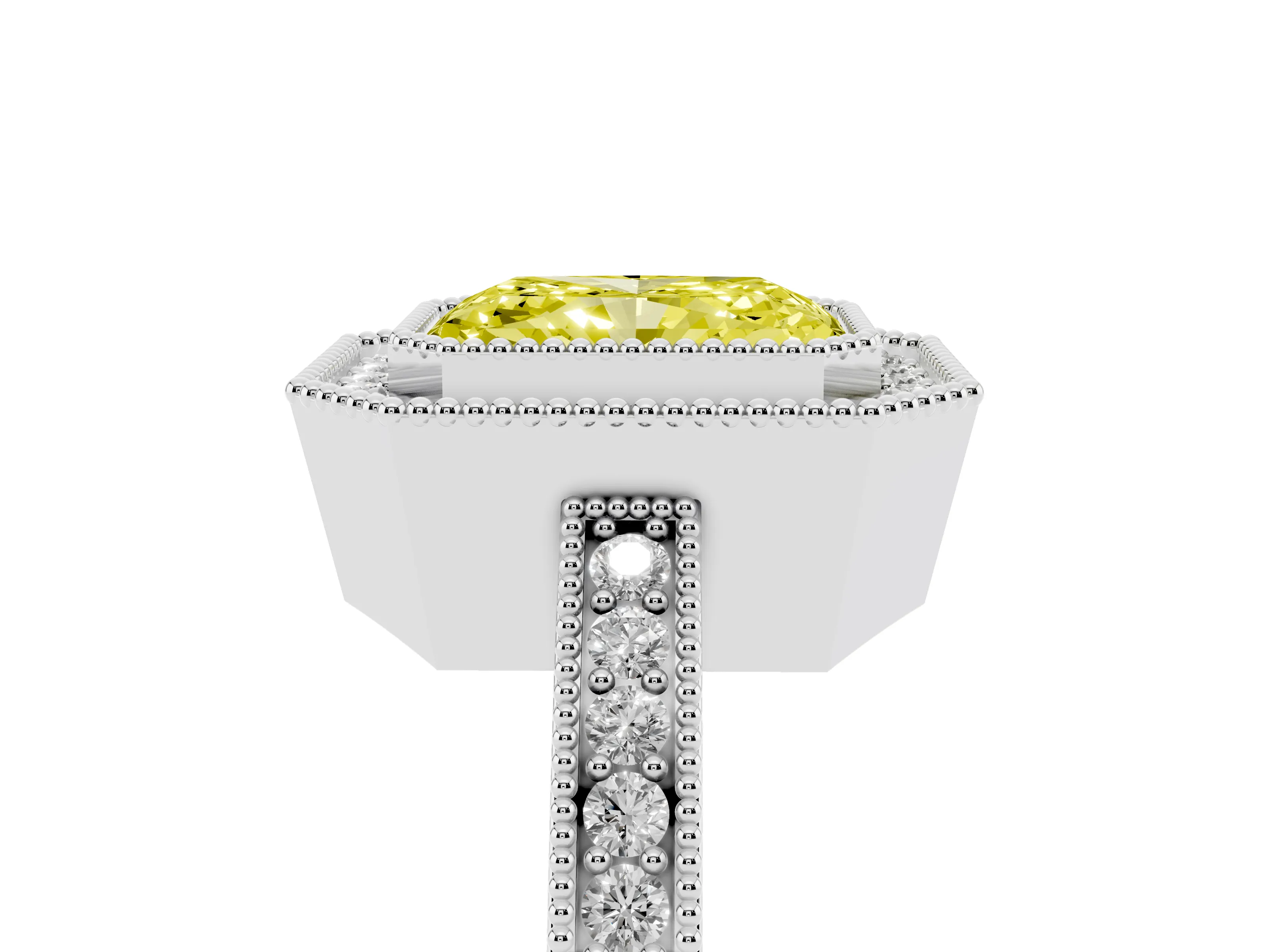 Fancy Yellow Radiant Cut Diamond Round Halo Ring Set in White gold with Pavé Band