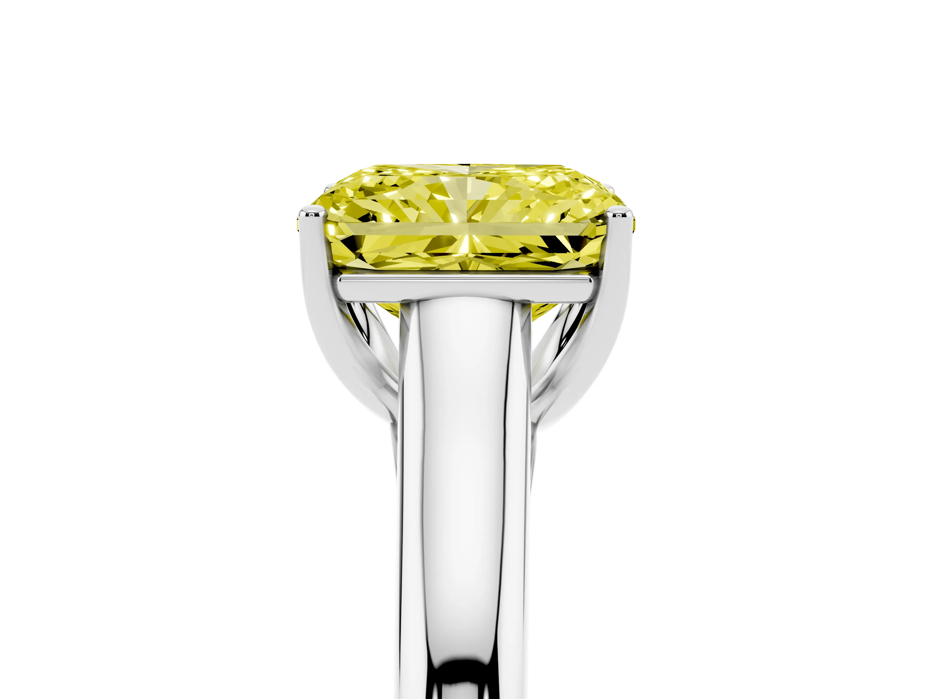 Fancy Yellow Radiant Cut Diamond Solitaire Engagement Ring Set in Silver with Subtly Tapered Band and Prong Setting