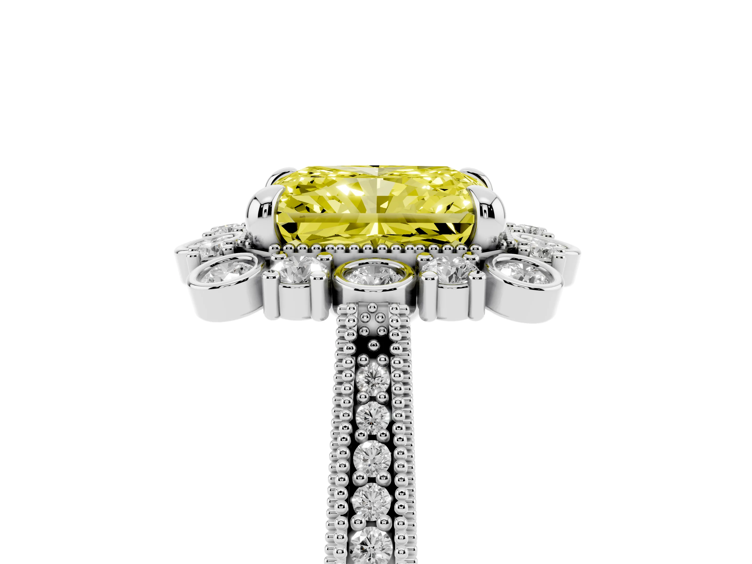 Fancy Yellow Radiant Cut Diamond Halo Milgrain Pavé Ring Set in Platinum with Prong Setting
