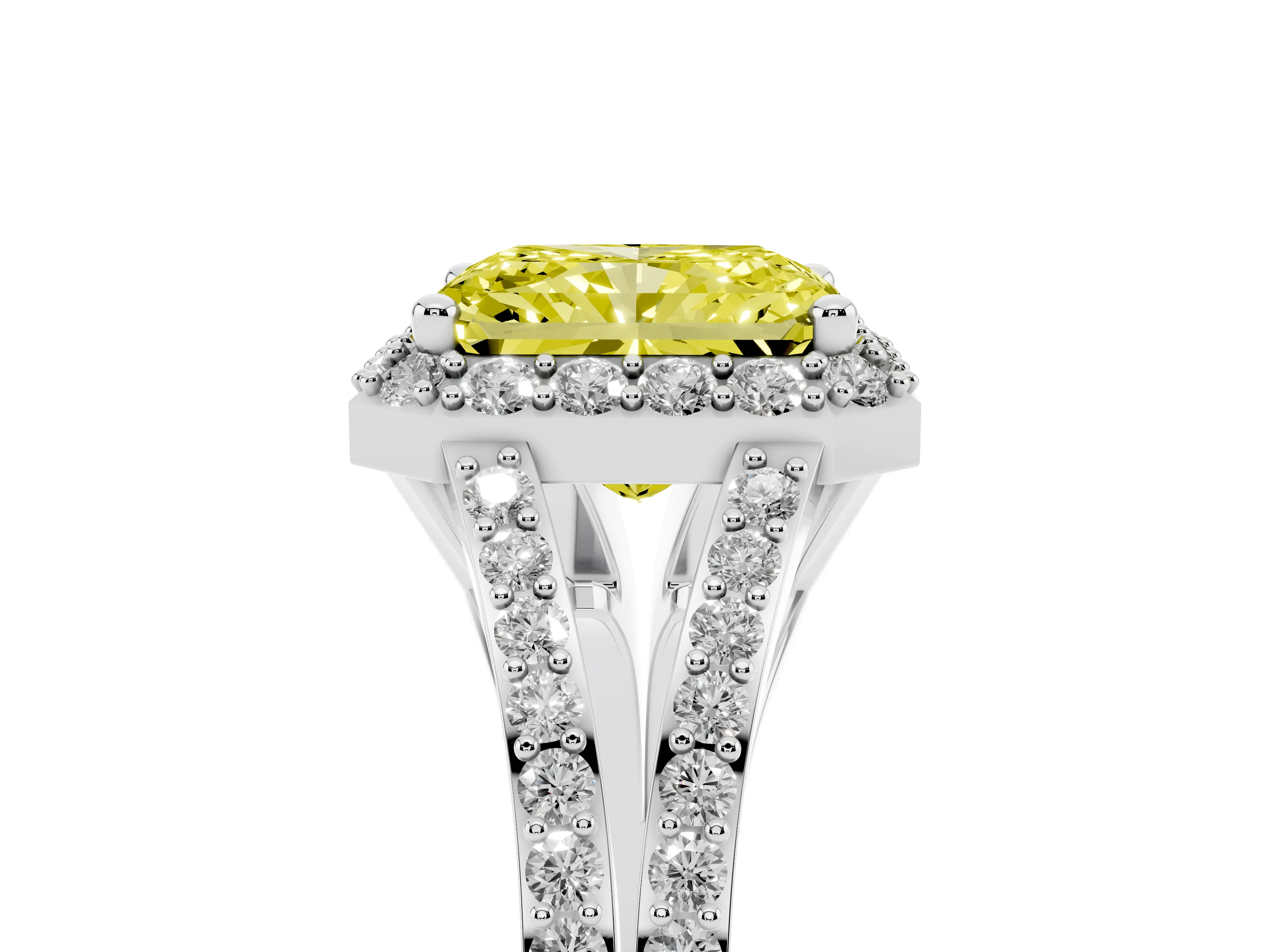 Fancy Yellow Radiant Cut Diamond Halo Split Shank Pavé Ring Set in Silver with Prong Setting