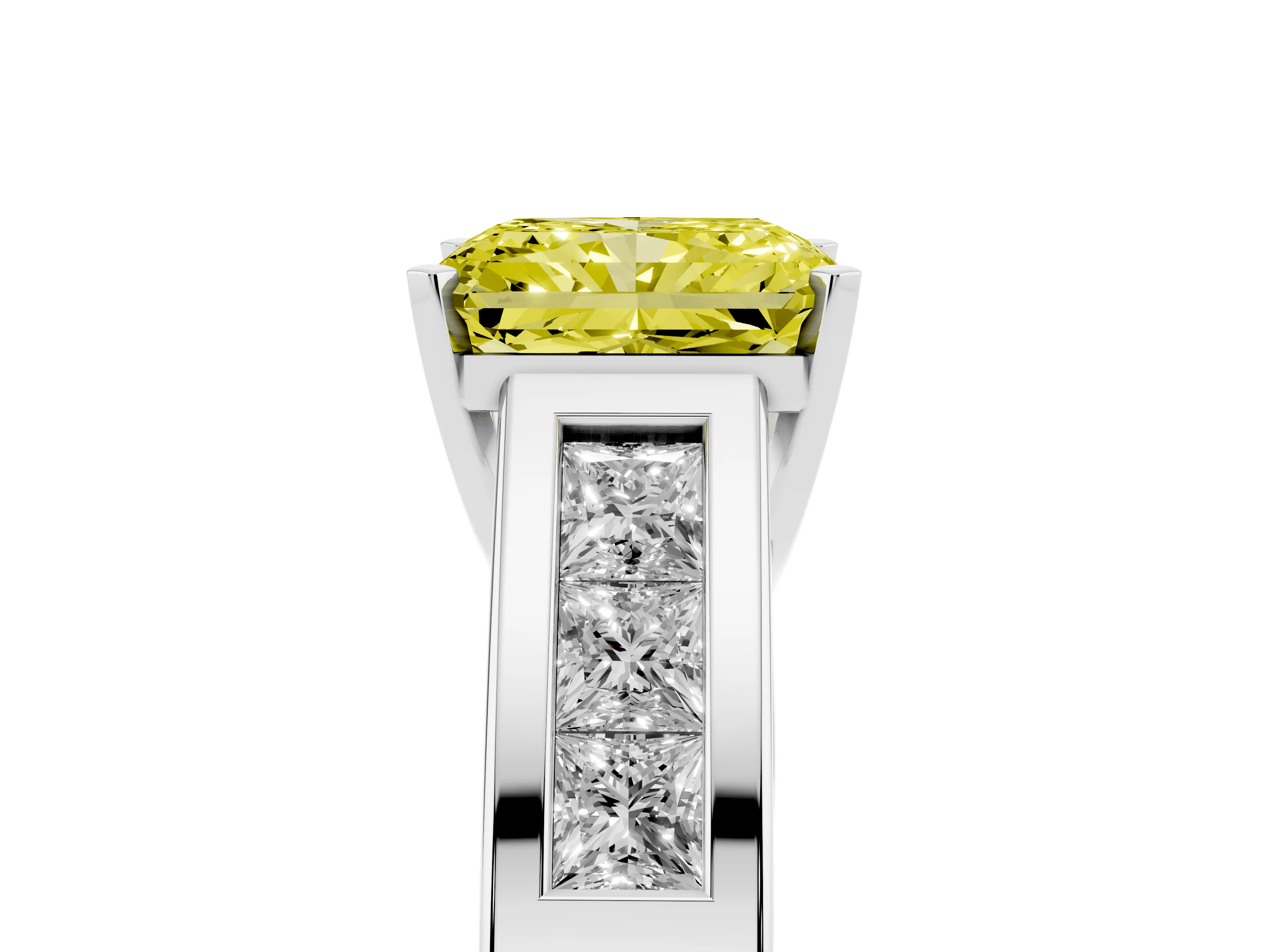 Fancy Yellow Radiant Cut Diamond Solitaire Ring Set in Silver with Channel-Set Accent Stones and Prong Setting