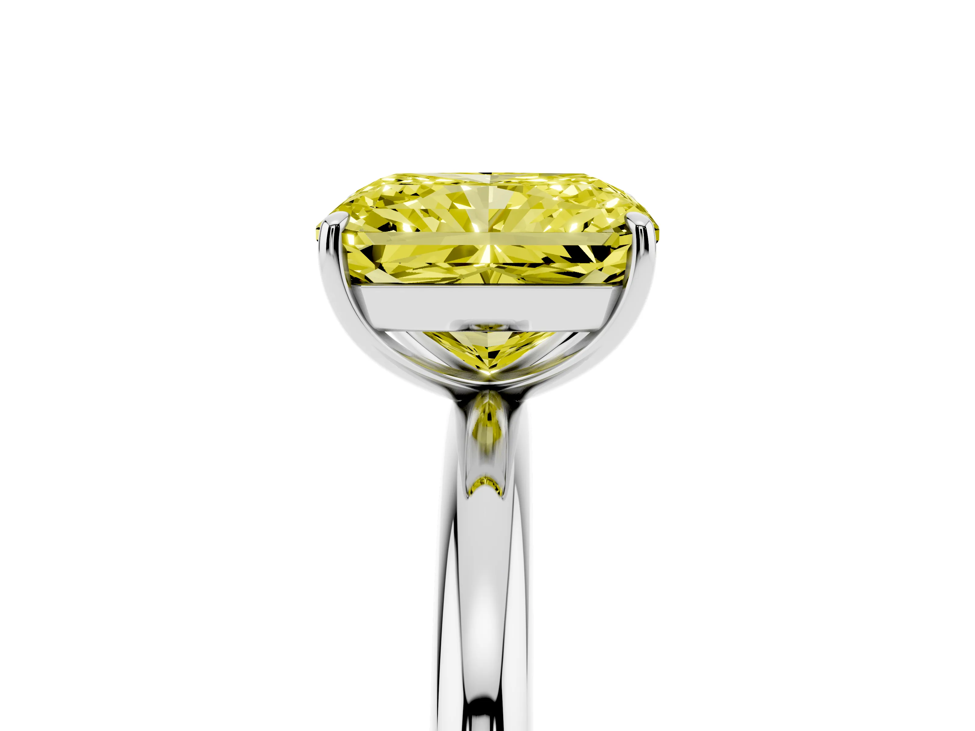 Fancy Yellow Radiant Cut Diamond Solitaire Ring Set in Platinum with Prong Setting on a Polished Plain Band