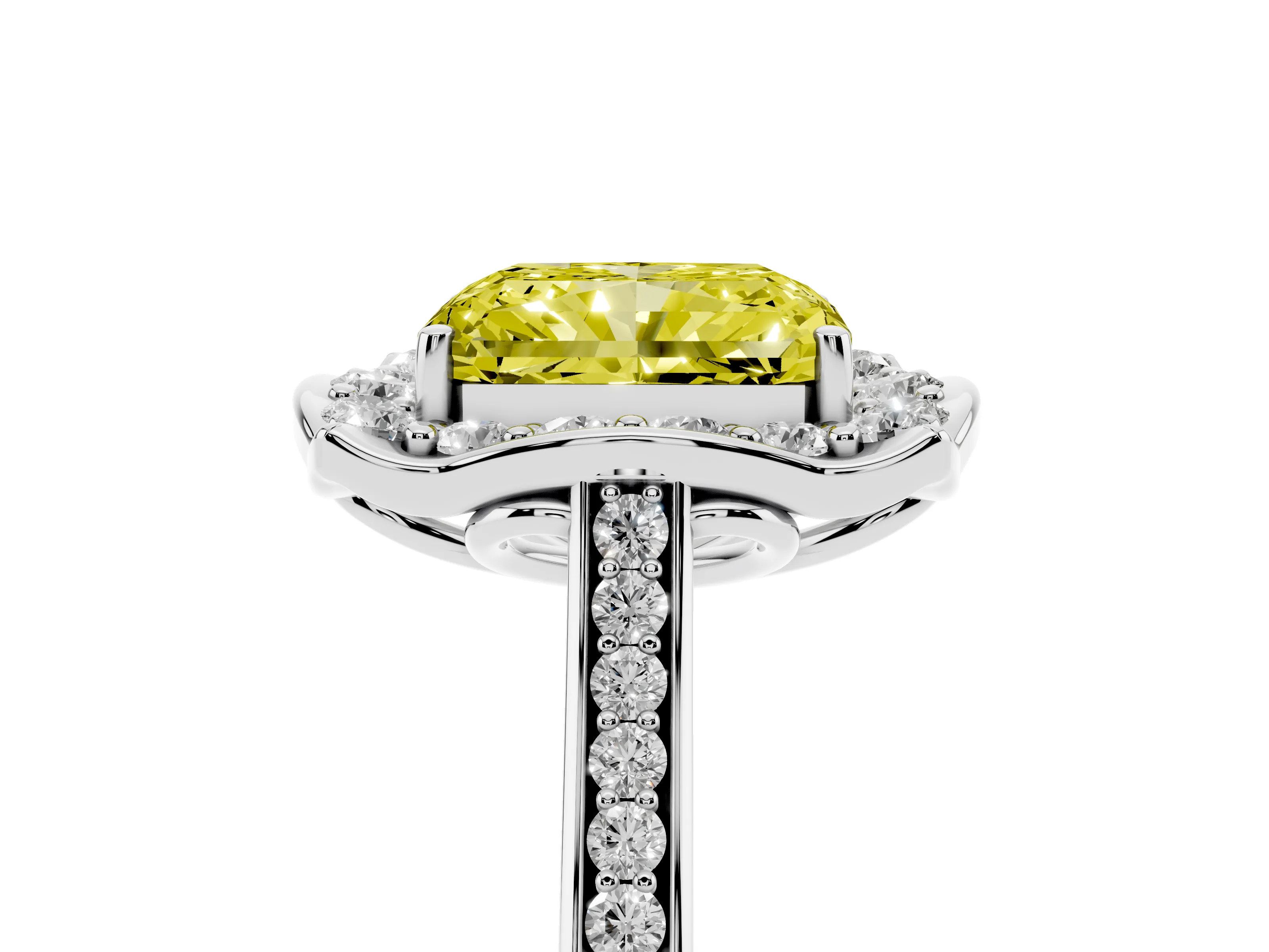 Fancy Yellow Radiant Cut Diamond Halo Ring Set in White gold with Pavé-Lined Shoulders and Prong Setting