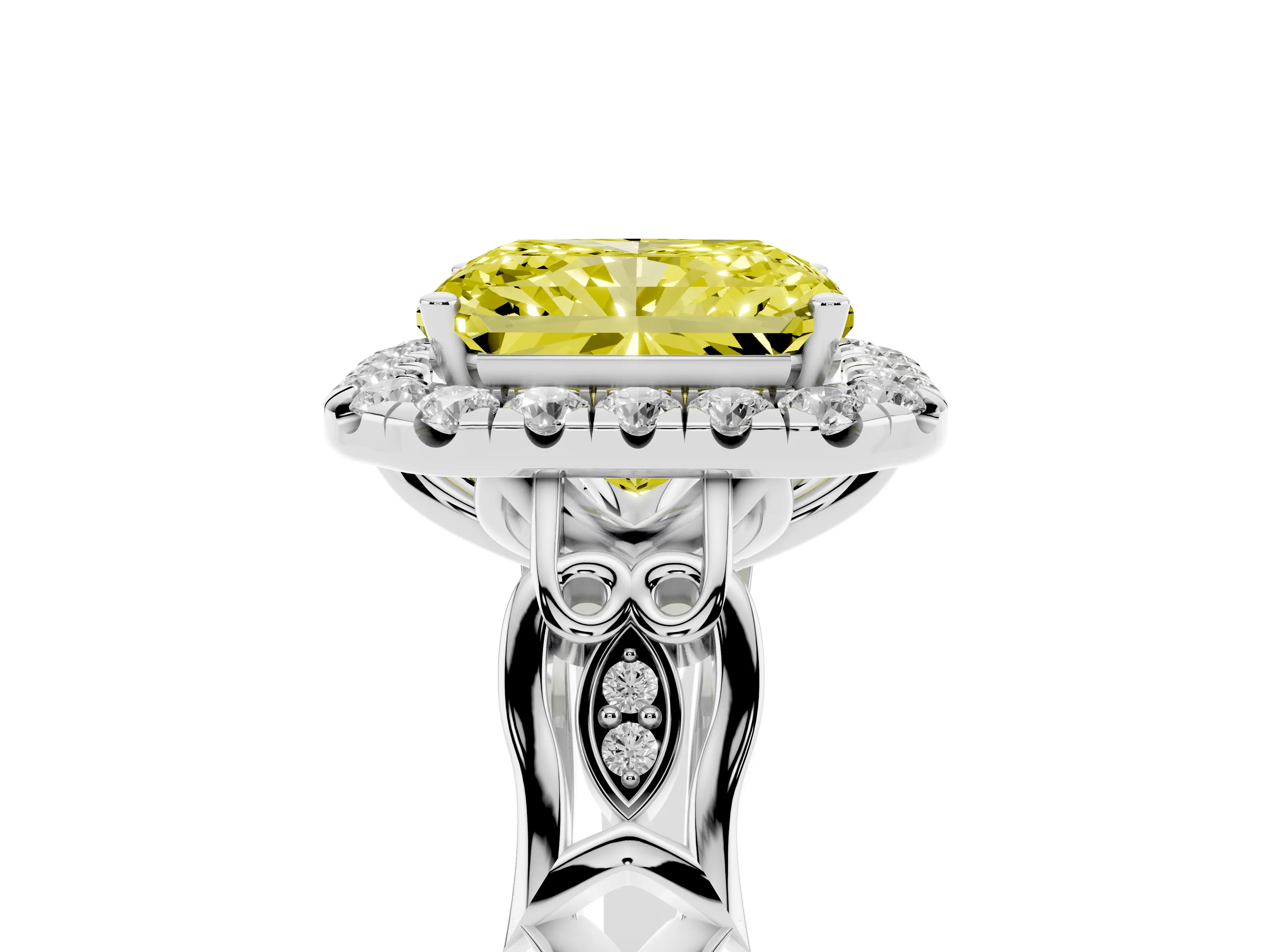 Fancy Yellow Radiant Cut Diamond Halo Engagement Ring Set in White gold with Filigree Band and Prong-Set Center