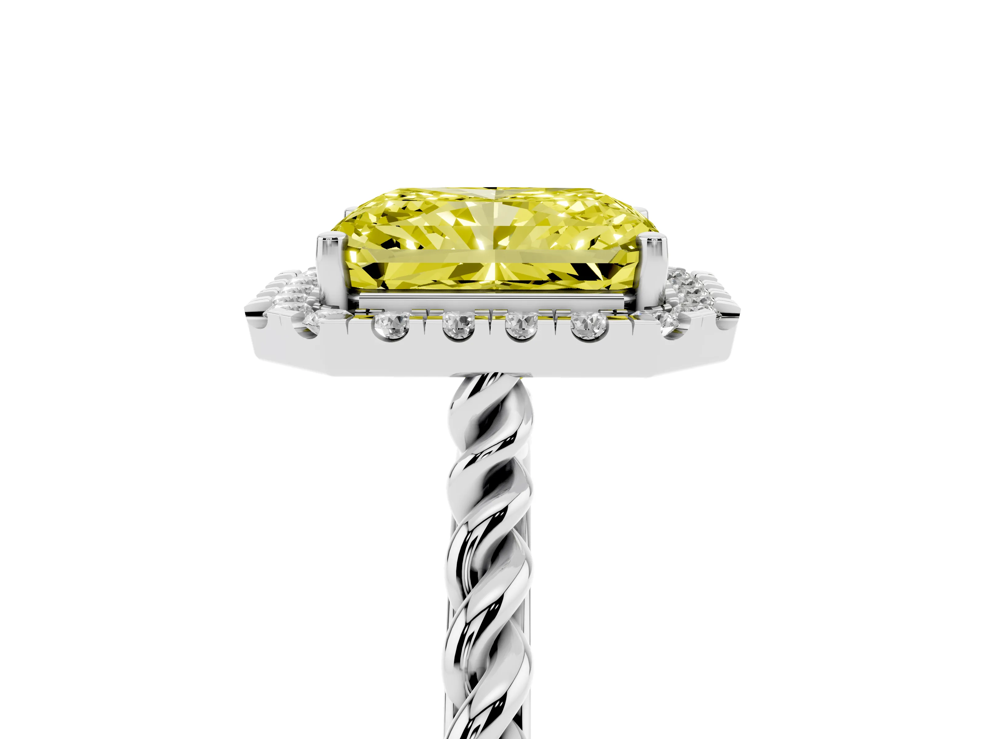 Fancy Yellow Radiant Cut Diamond Halo Ring Set in Platinum with Plain Twisted Band