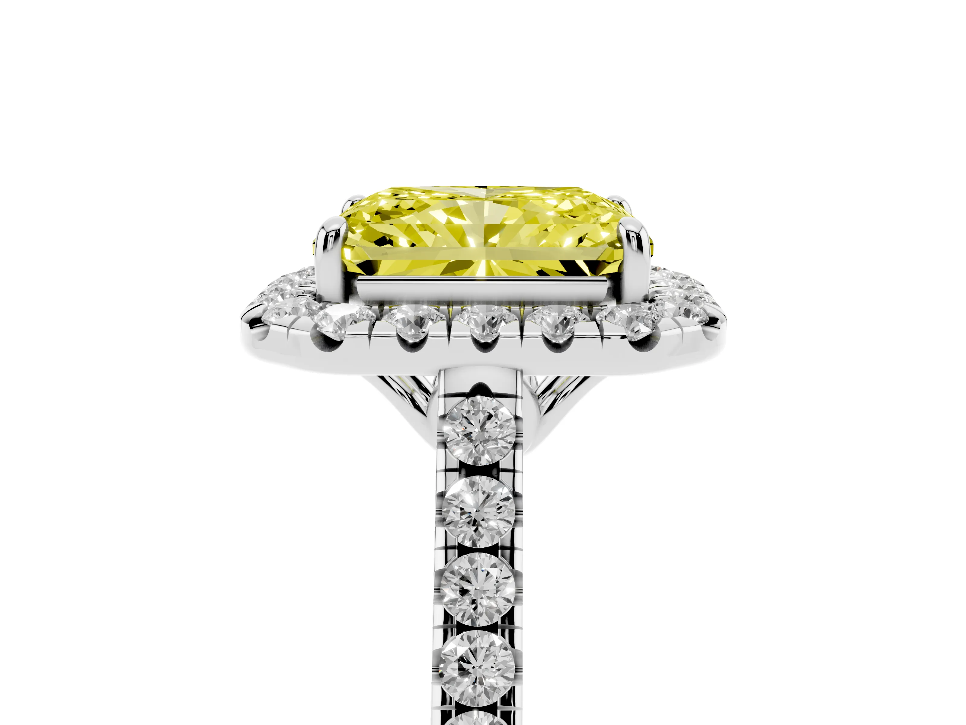 Fancy Yellow Radiant Cut Diamond Pavé Halo Engagement Ring Set in White gold with Pavé Band and Prong Setting
