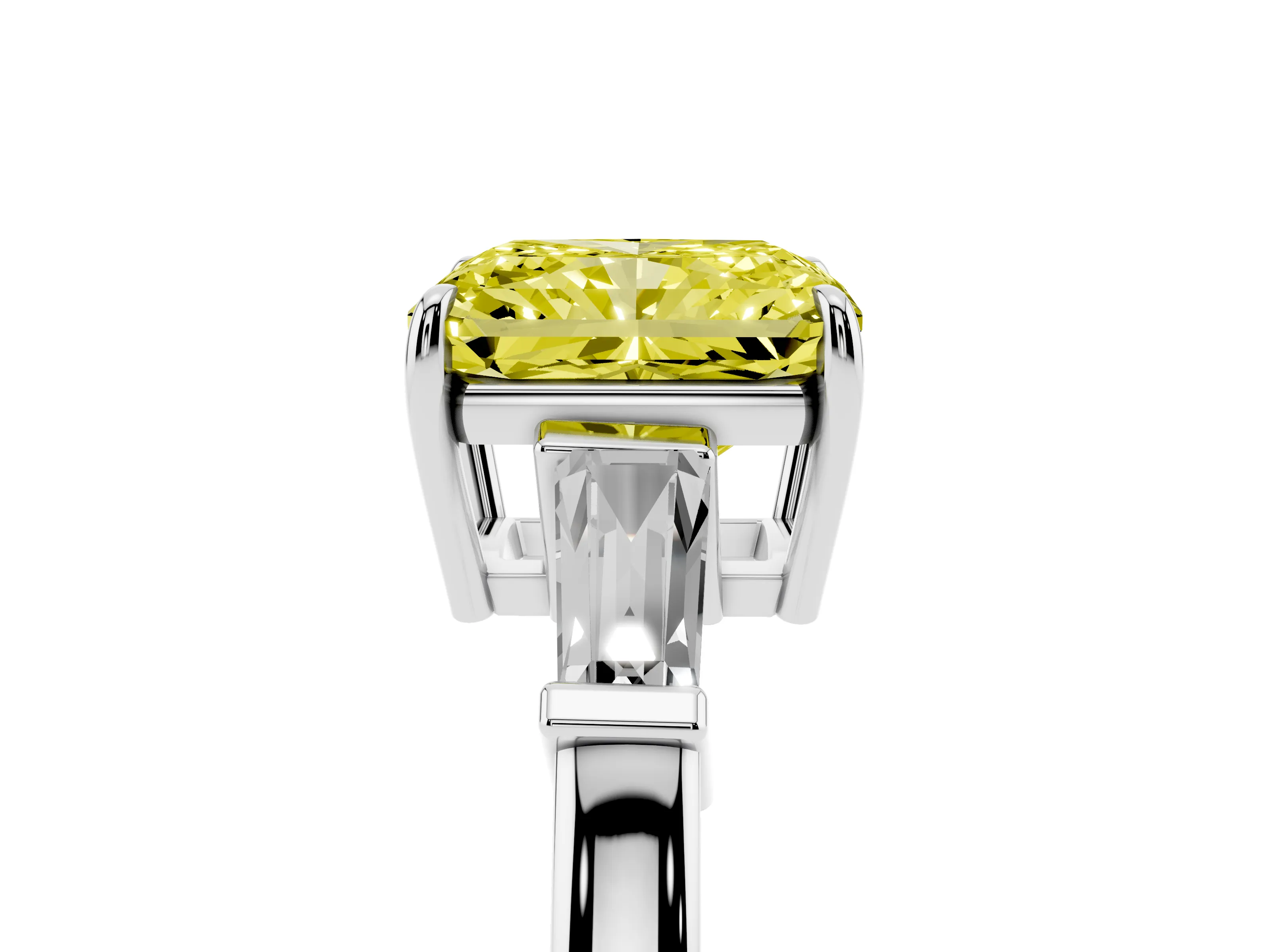 Fancy Yellow Radiant Cut Diamond Three-Stone Ring Set in Platinum with Tapered Baguette Side Stones and Prong Setting