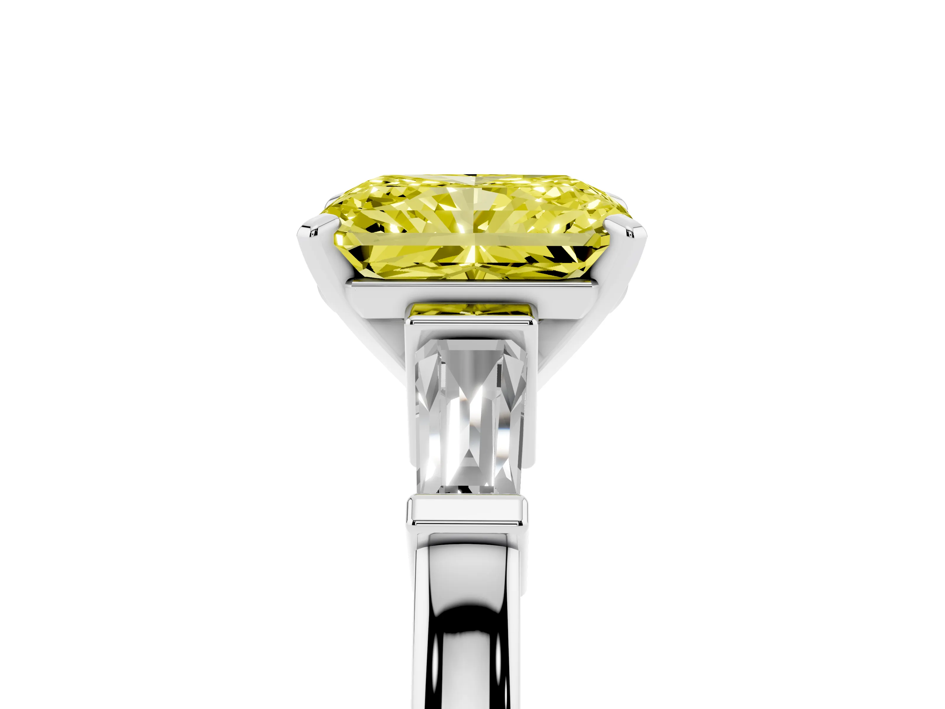 Fancy Yellow Radiant Cut Diamond Solitaire Ring Set in White gold with Tapered Baguette Accents and Prong Setting