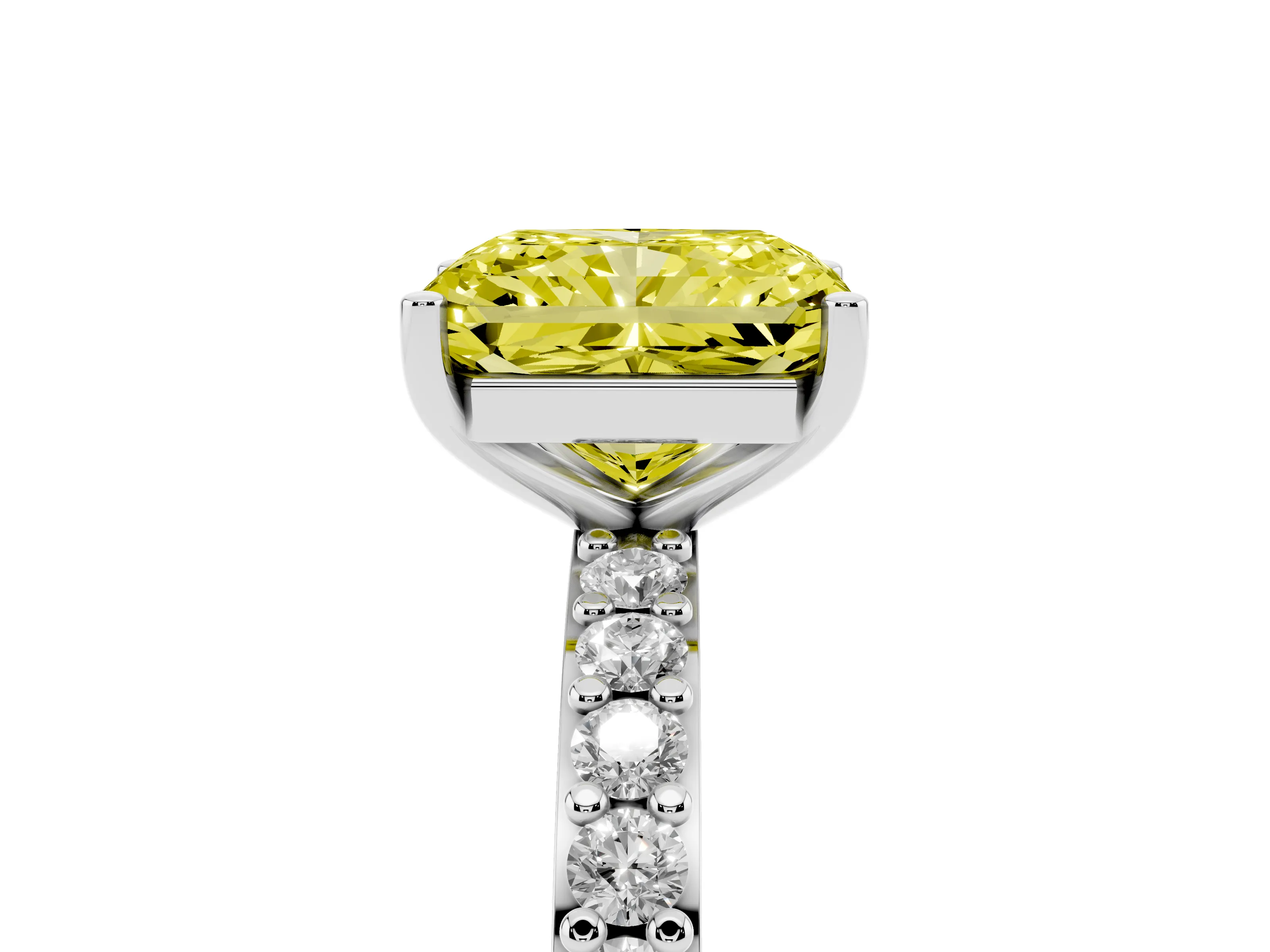 Fancy Yellow Radiant Cut Diamond Solitaire Set in White gold with Round Pavé Band and Prong Setting