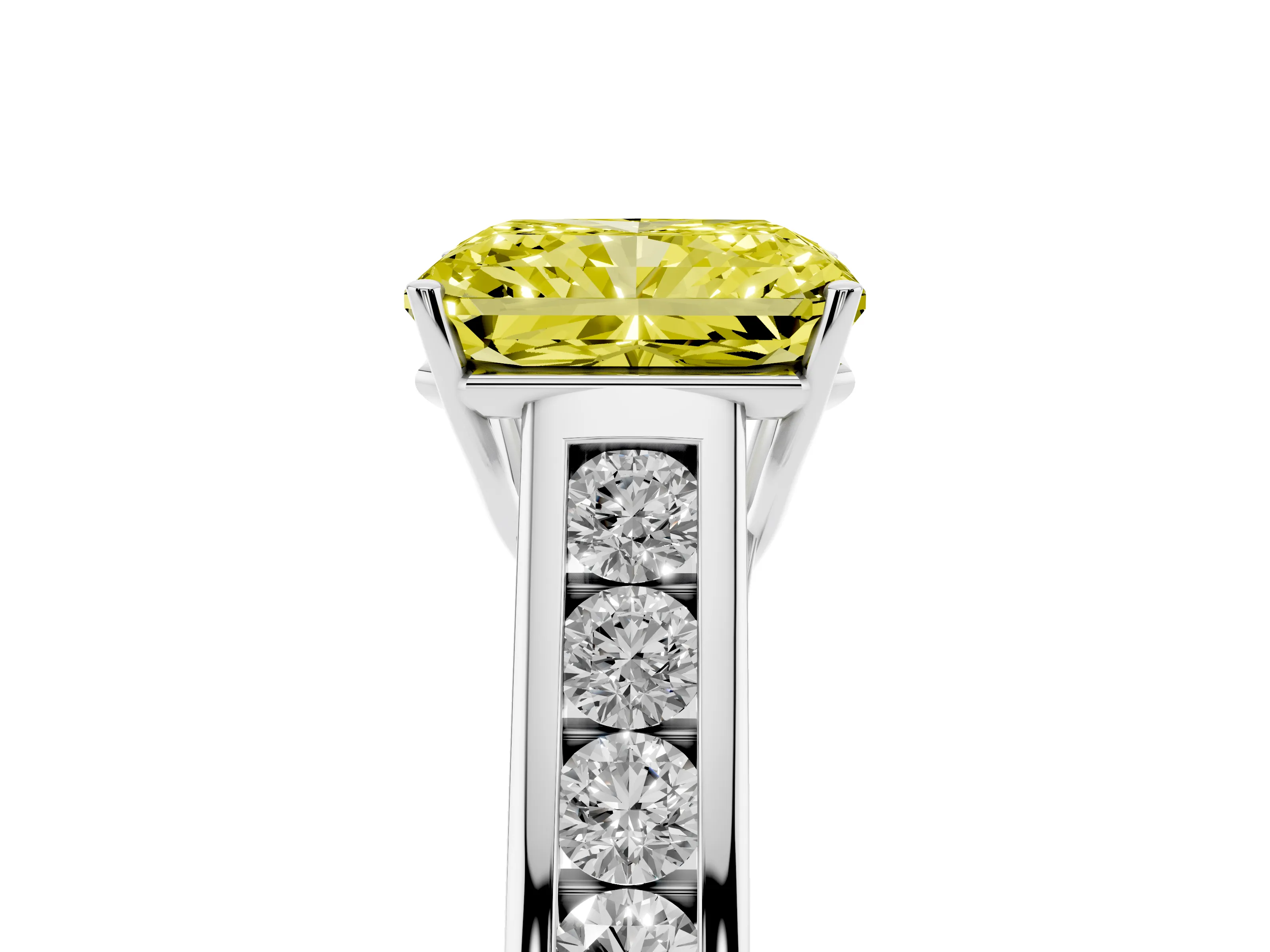 Fancy Yellow Radiant Cut Diamond Brilliant Channel-Set Solitaire Ring Set in White gold with Prong Setting
