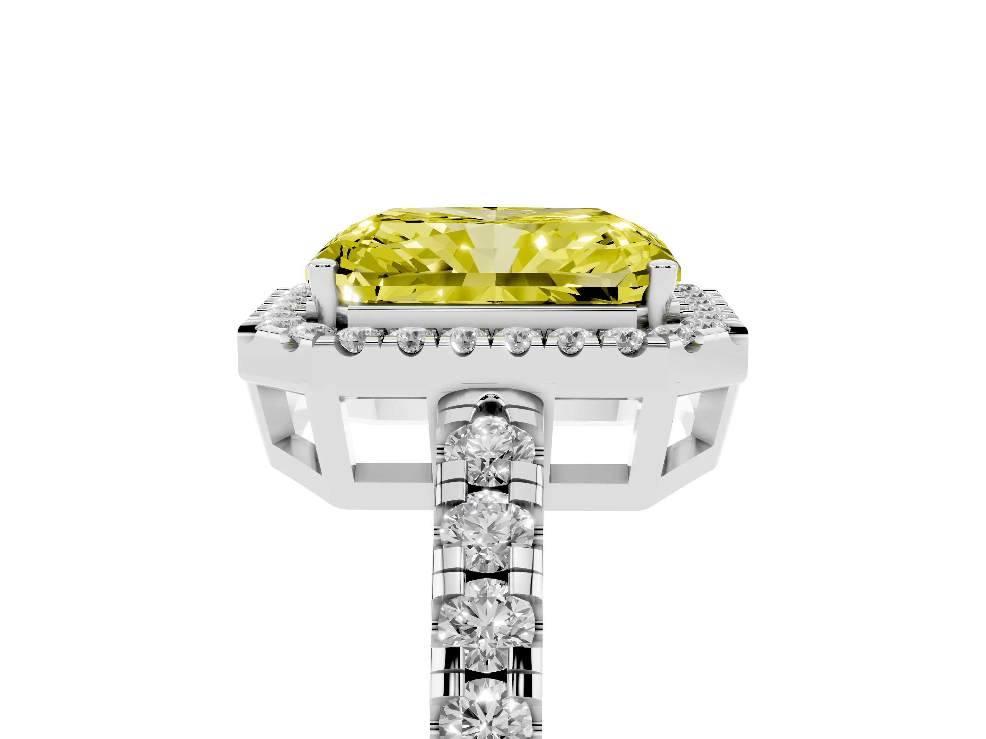 Fancy Yellow Radiant Cut Diamond Halo Ring Set in White gold with Delicate Pavé Band and Prong Setting