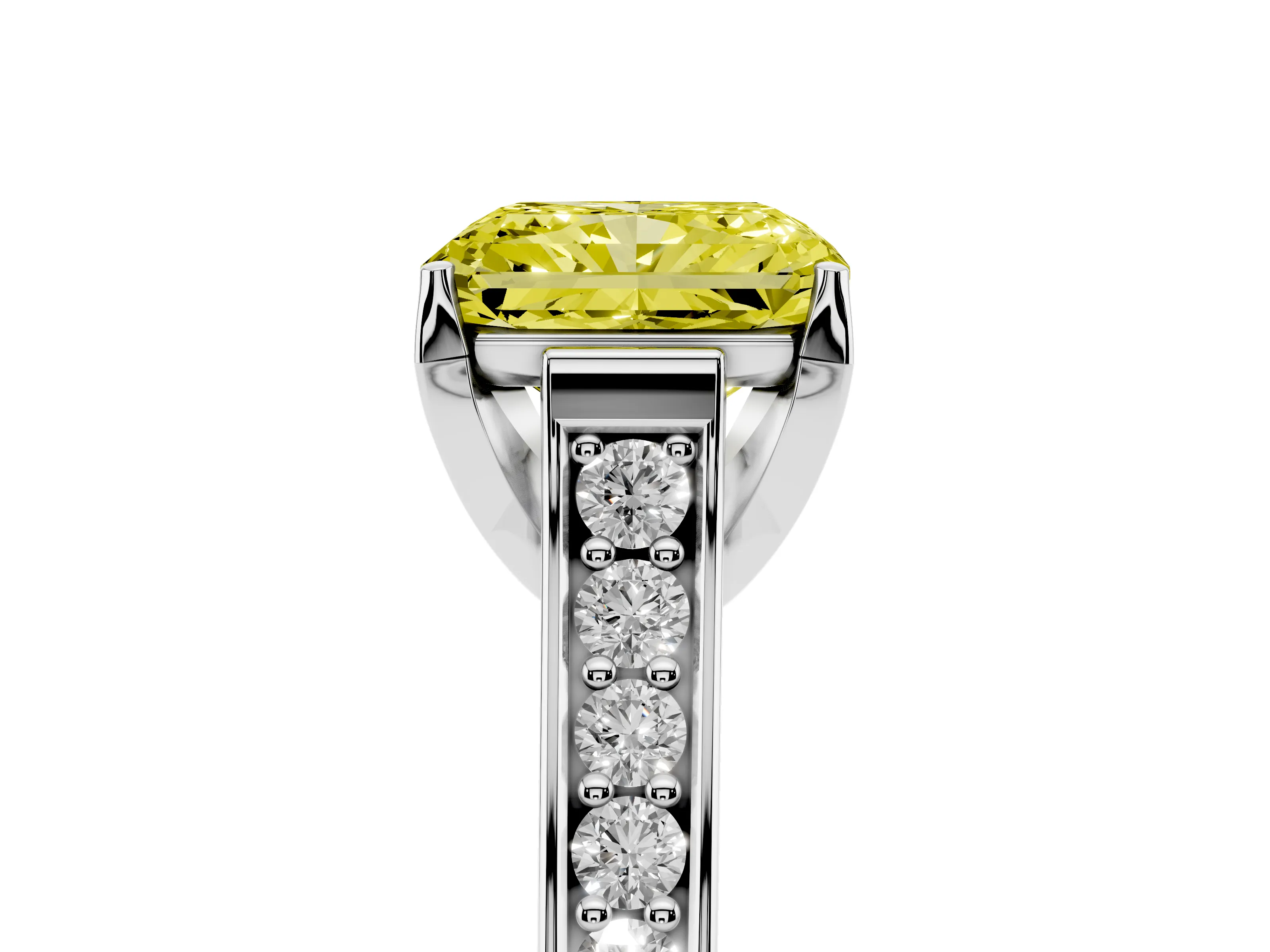 Fancy Yellow Radiant Cut Diamond Solitaire Pavé Engagement Ring Set in Platinum with Prong Setting