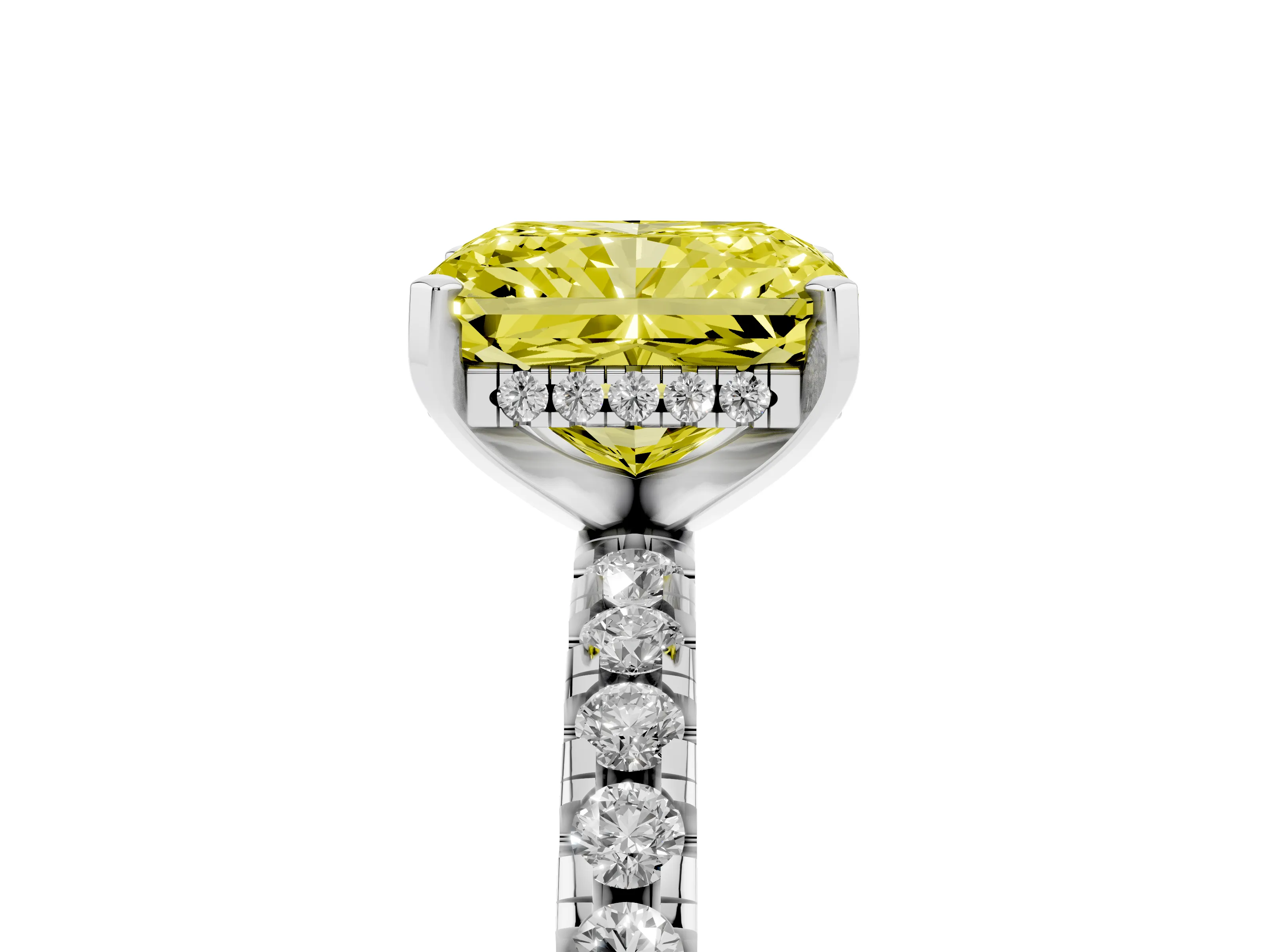Fancy Yellow Radiant Cut Diamond Pavé Solitaire Ring Set in Silver with Round Band Accents and Prong Setting