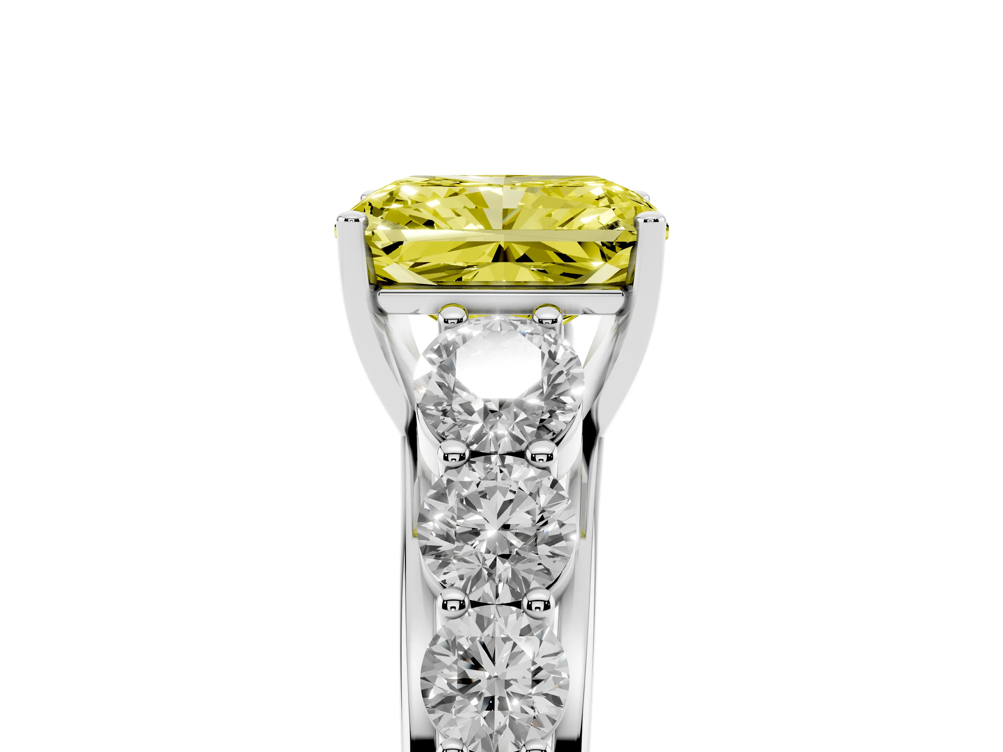 Fancy Yellow Radiant Cut Diamond Solitaire Ring Set in Platinum with Pavé-Set Band and Prong Setting