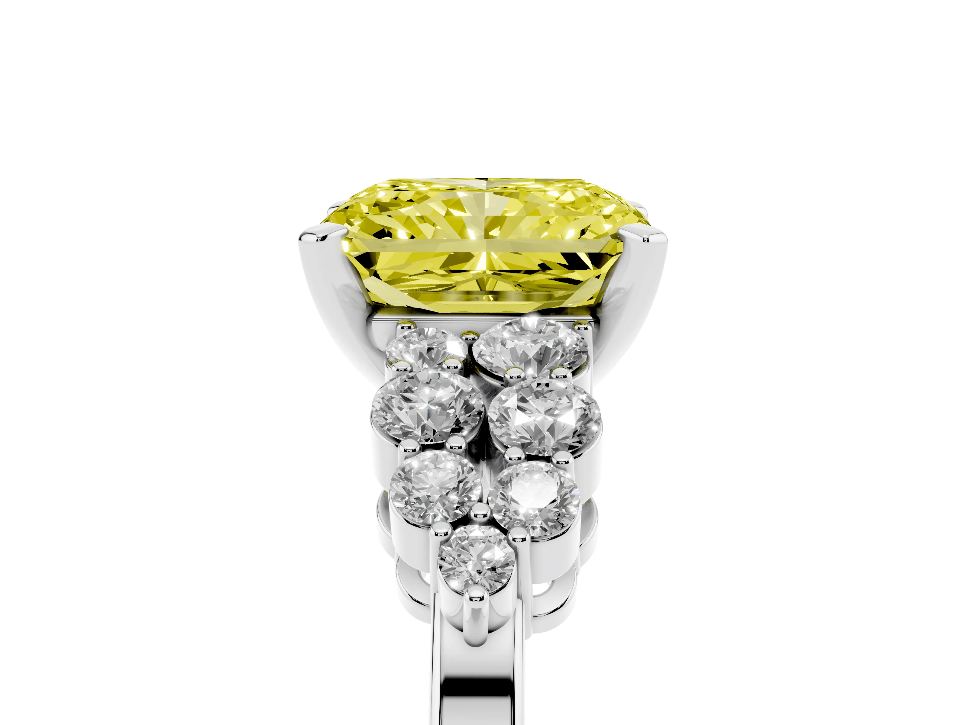 Fancy Yellow Radiant Cut Diamond Cluster Engagement Ring Set in Platinum with Pavé Band and Prong Setting