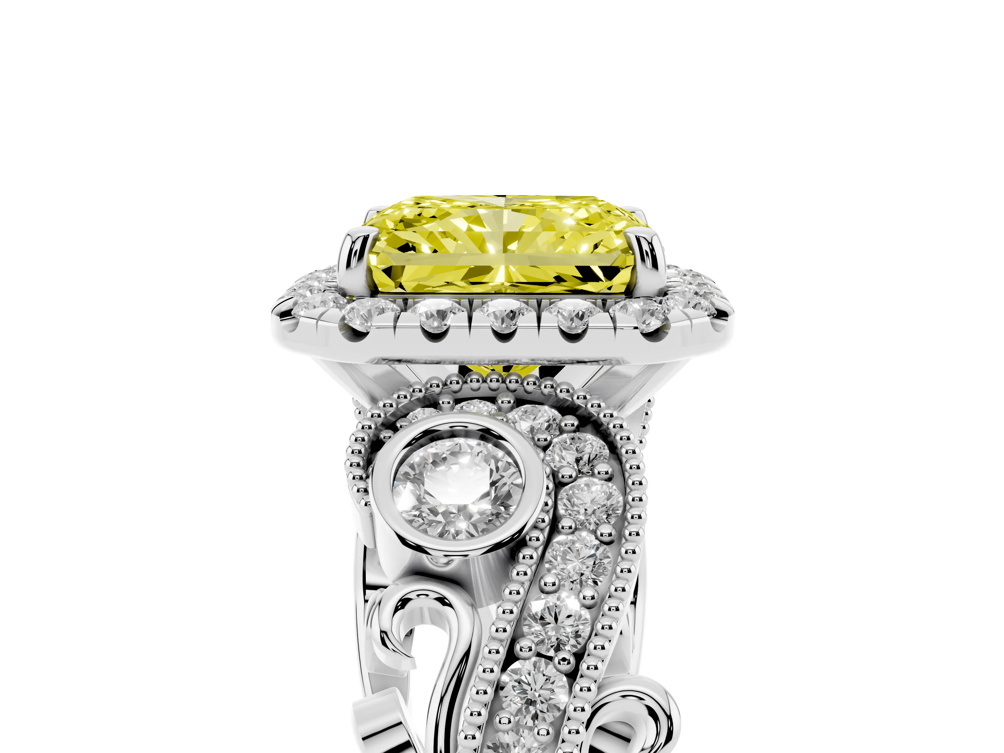 Fancy Yellow Radiant Cut Diamond Halo Ring Set in White gold with Milgrain Pavé Band and Prong Setting